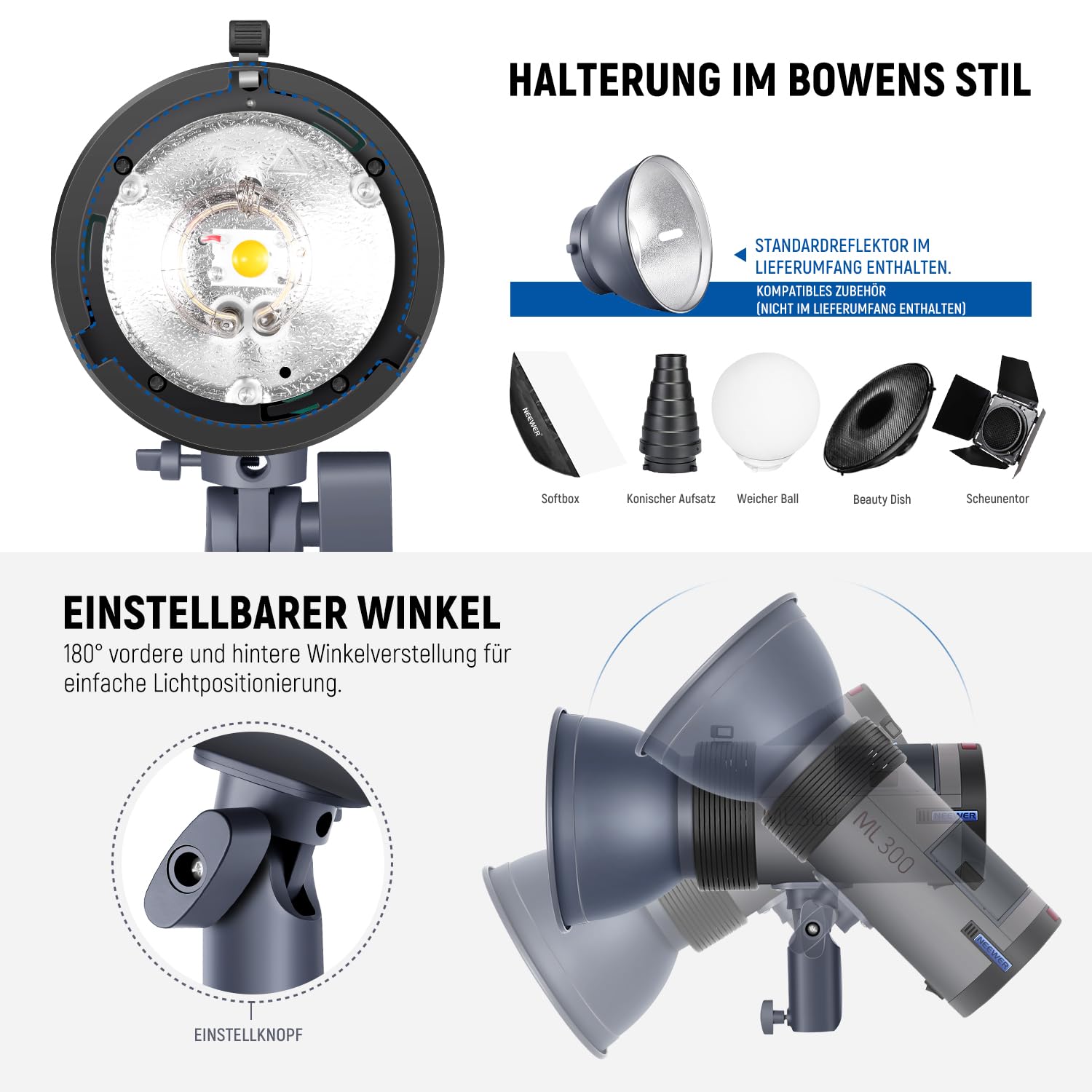 NEEWER ML300 300W GN60 im Freien Studioblitz-Li-Ion-Batteriebetriebenes Monolight mit 2,4GHz Funkauslöser, 1000 Blitzen mit voller Leistung, 0,4-2,5s Ladezeit, Bowens-Halterung, 2er-Pack Li-on-Akku