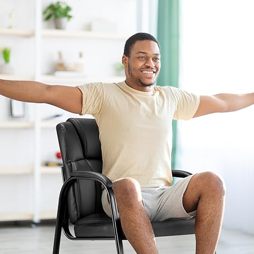 Miniatura 9 de Sweetcrispy Sillas de sala de espera, silla de cuero estacionaria para invitados de oficina, sin ruedas, cómodos brazos acolchados y base de