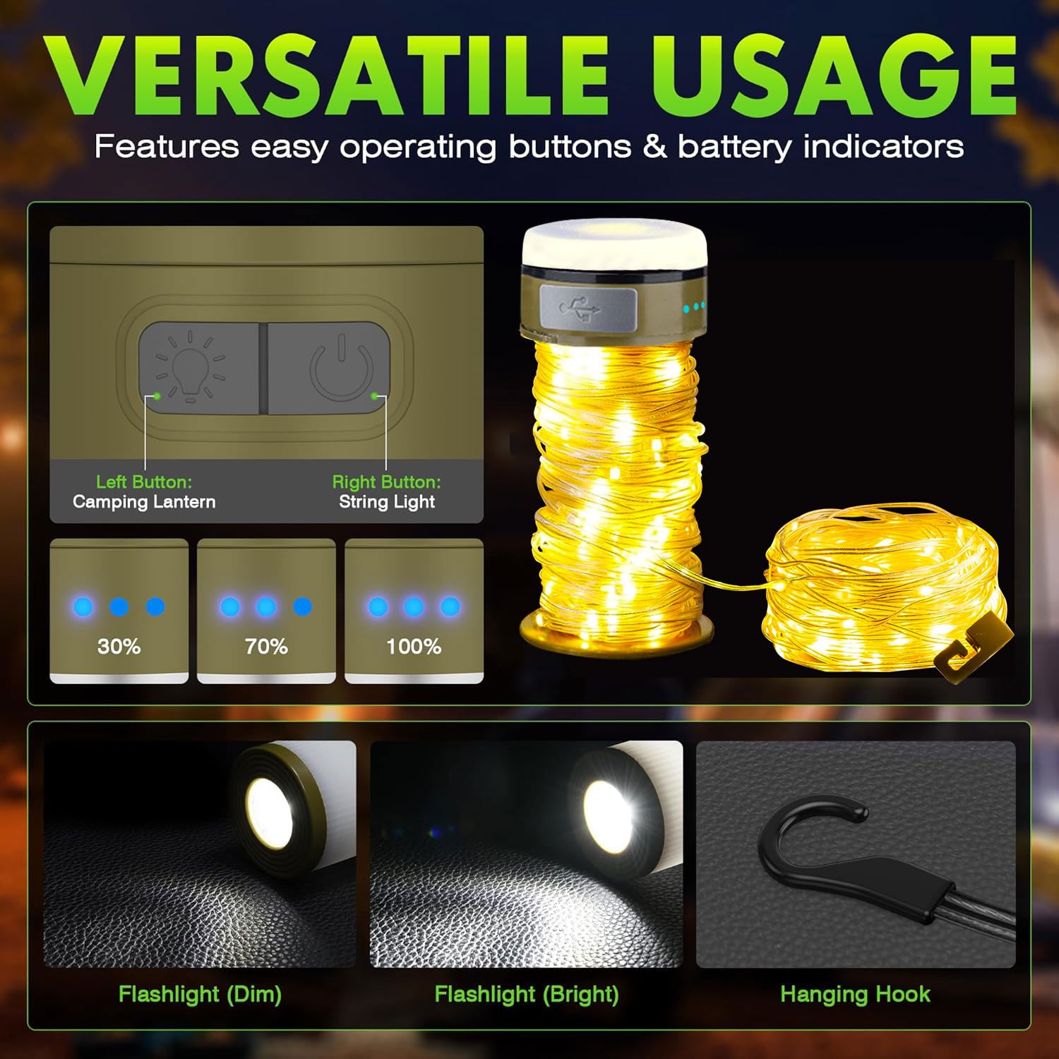 Guirlande Lumineuse Camping 10M LED Rechargeable - Lampe Escamotable Étanche IPX6, 1800mAh USB, 8 Modes Pour Extérieur Et Intérieur