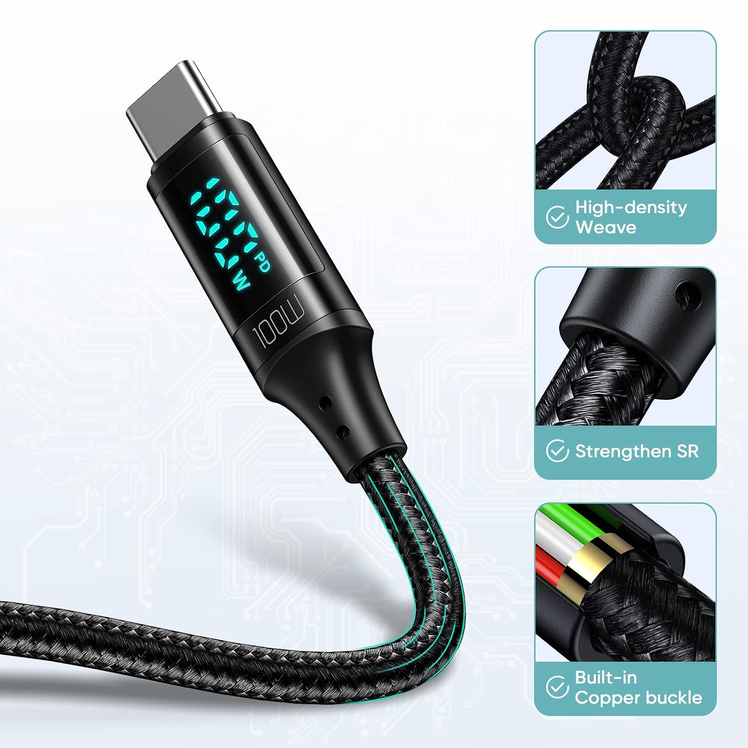 Close-up of Mcdodo USB C Cable construction showing high-density weave, strengthened SR, and built-in copper buckle
