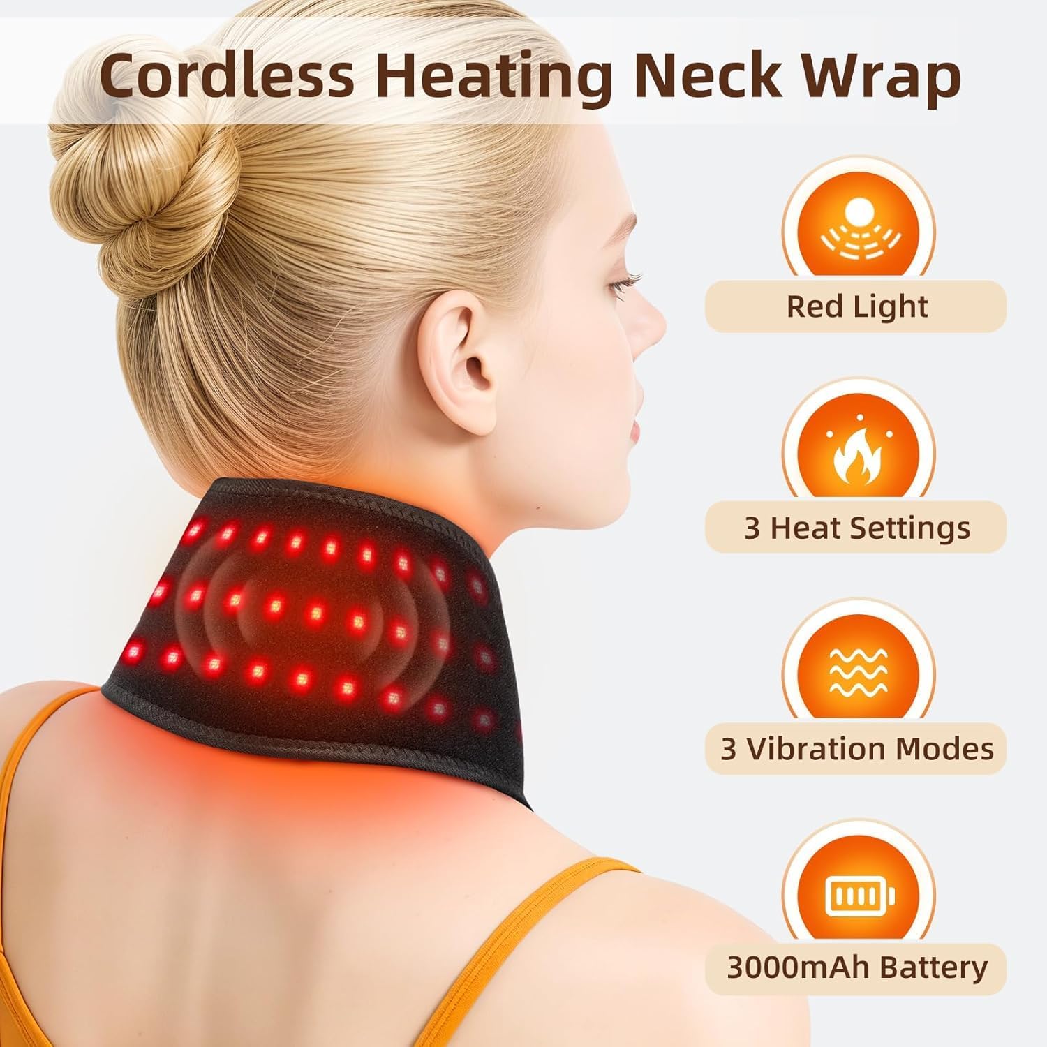 Cordless Neck Heating Pad for Pain, Neck Massager with 660nm 850nm Red Light, Heated Neck Wrap with 3000mAh Rechargeable, 3 Levels Heat & Massage, Black