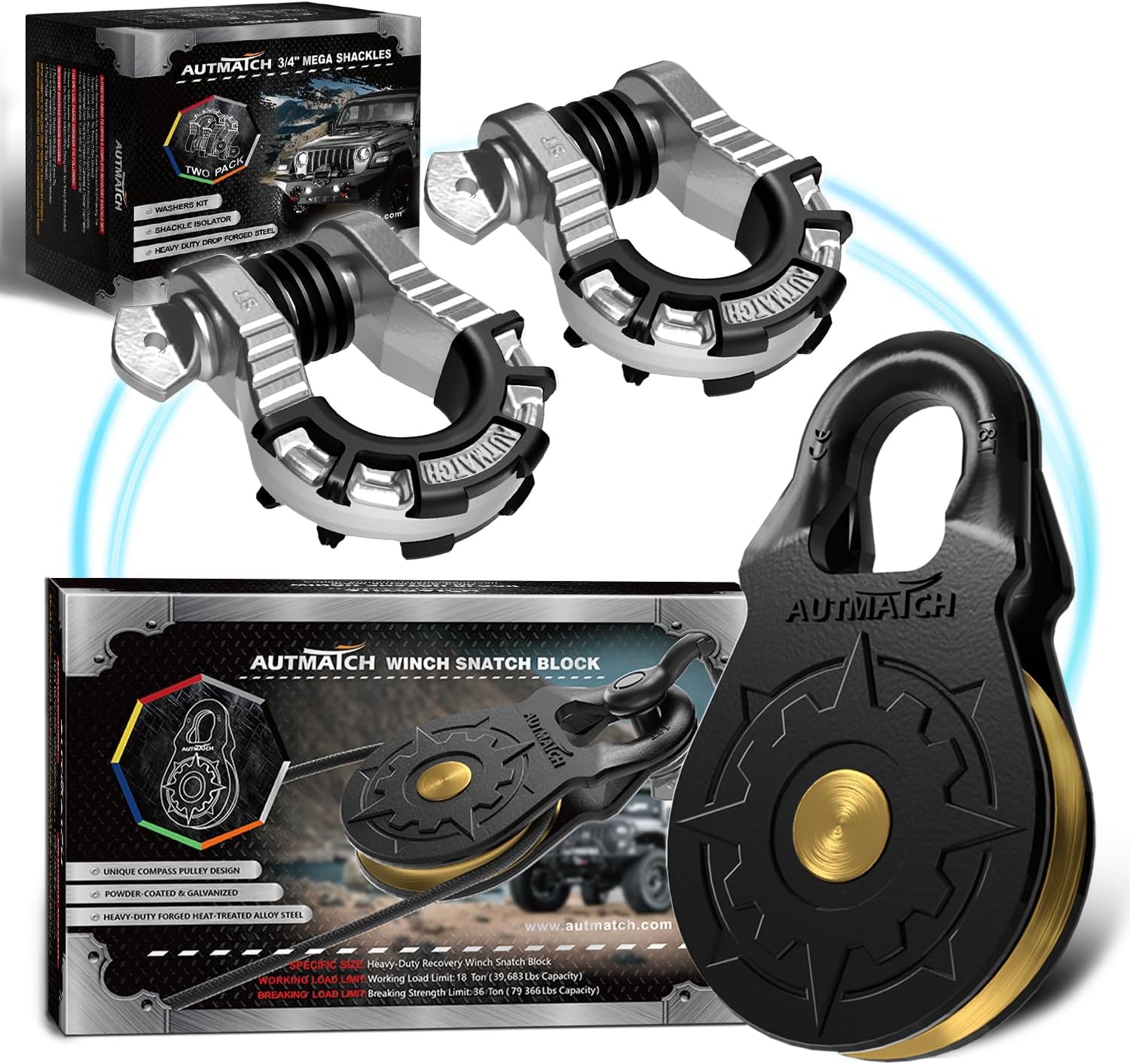 AUTMATCH Mega Shackles 3/4" with Winch Snatch Block Pulley 18 Ton, Max 79,366Lbs Break Strength, Heavy Duty Off Road Recovery Towing Pulley Blocks Winch Rope, ATV, UTV, Truck, Silver