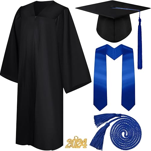Syhood 4 Pieces 2024 Unisex Graduation Matte Gown Cap Tassel Stole Set Honor Cord 2024 Charm for Graduation