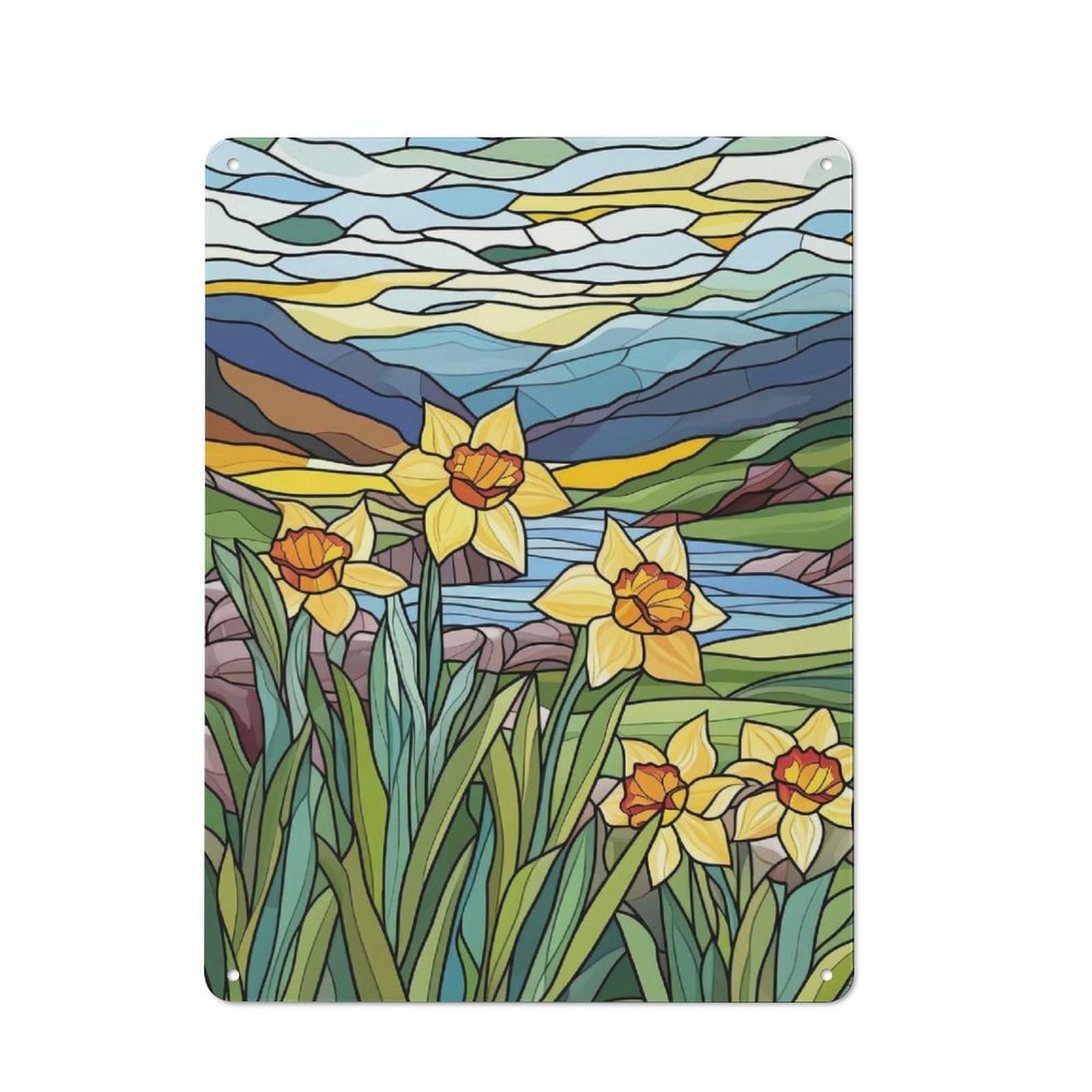 Junmoney Stained Glass Daffodils Retro Metal Sign 40X30cm Featuring For Bar Or Restaurant, For Bar Decor Enthusiasts