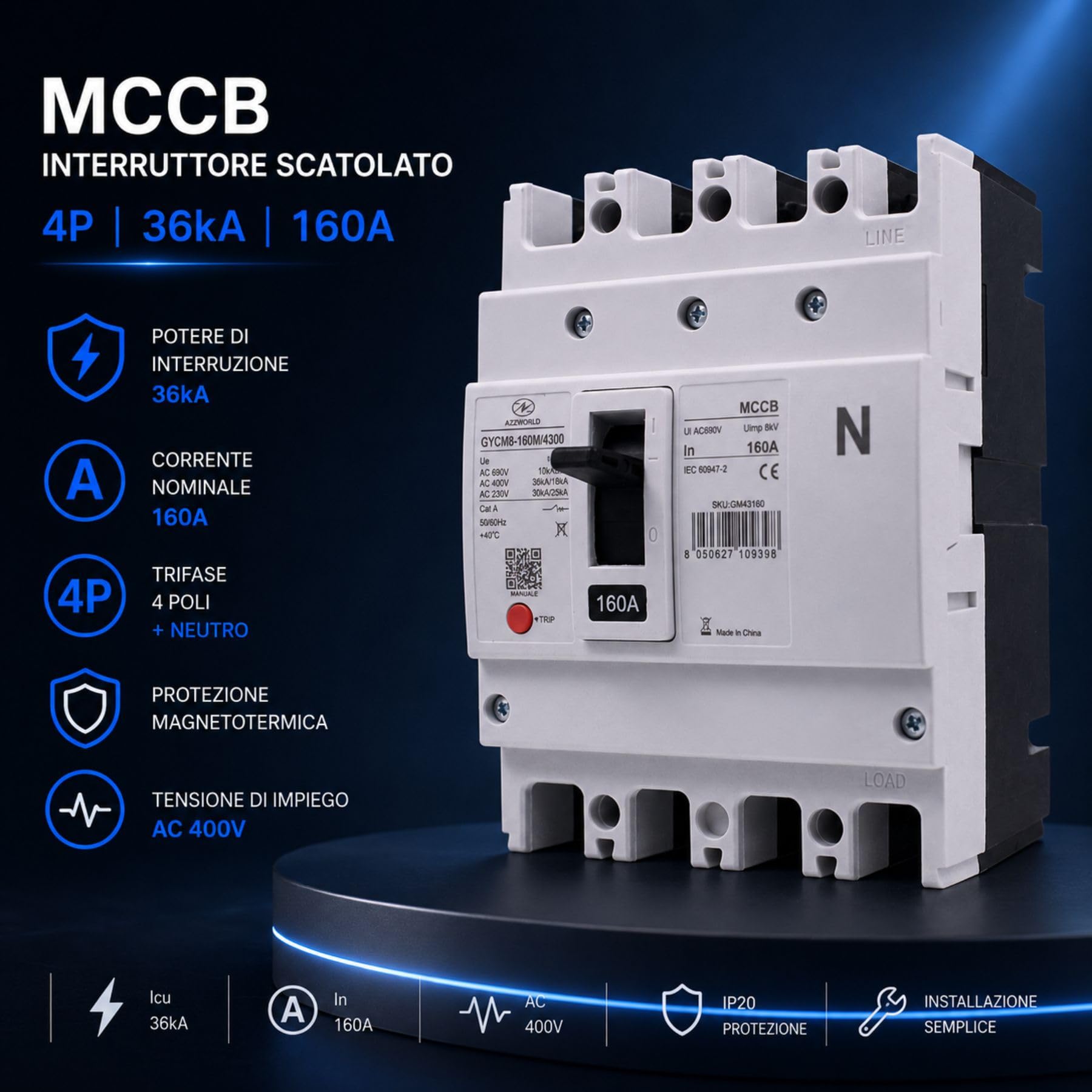 Interruttore Scatolato MCCB 160A 4 Poli 3P+N, Magnetotermico Industriale Trifase, Icu/Ics 36kA/18kA, Ui AC690V, Uimp 8kV, Cat. A, IEC 60947-2, Pulsante TRIP, per Quadri Elettrici, Serie GYCM8