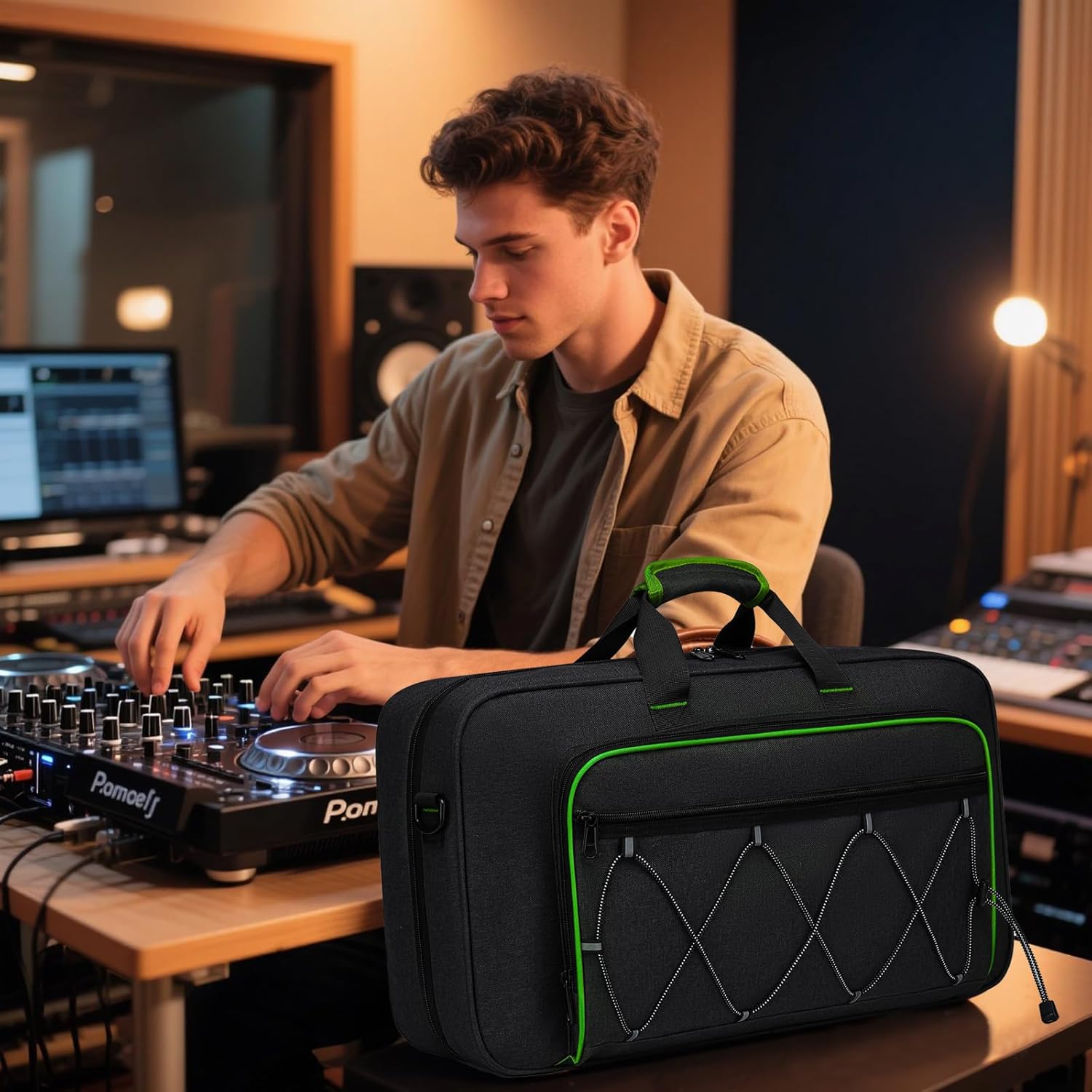 DJ Bag for DDJ-FLX4/DDJ 400/DDJ REV1, Padded DJ Controller Crossbody Bag with 4 Pockets, for 15.6 Inch Laptop, Cables, DJ Mixer Case with Adjustable Shoulder Strap for DJ Equipment