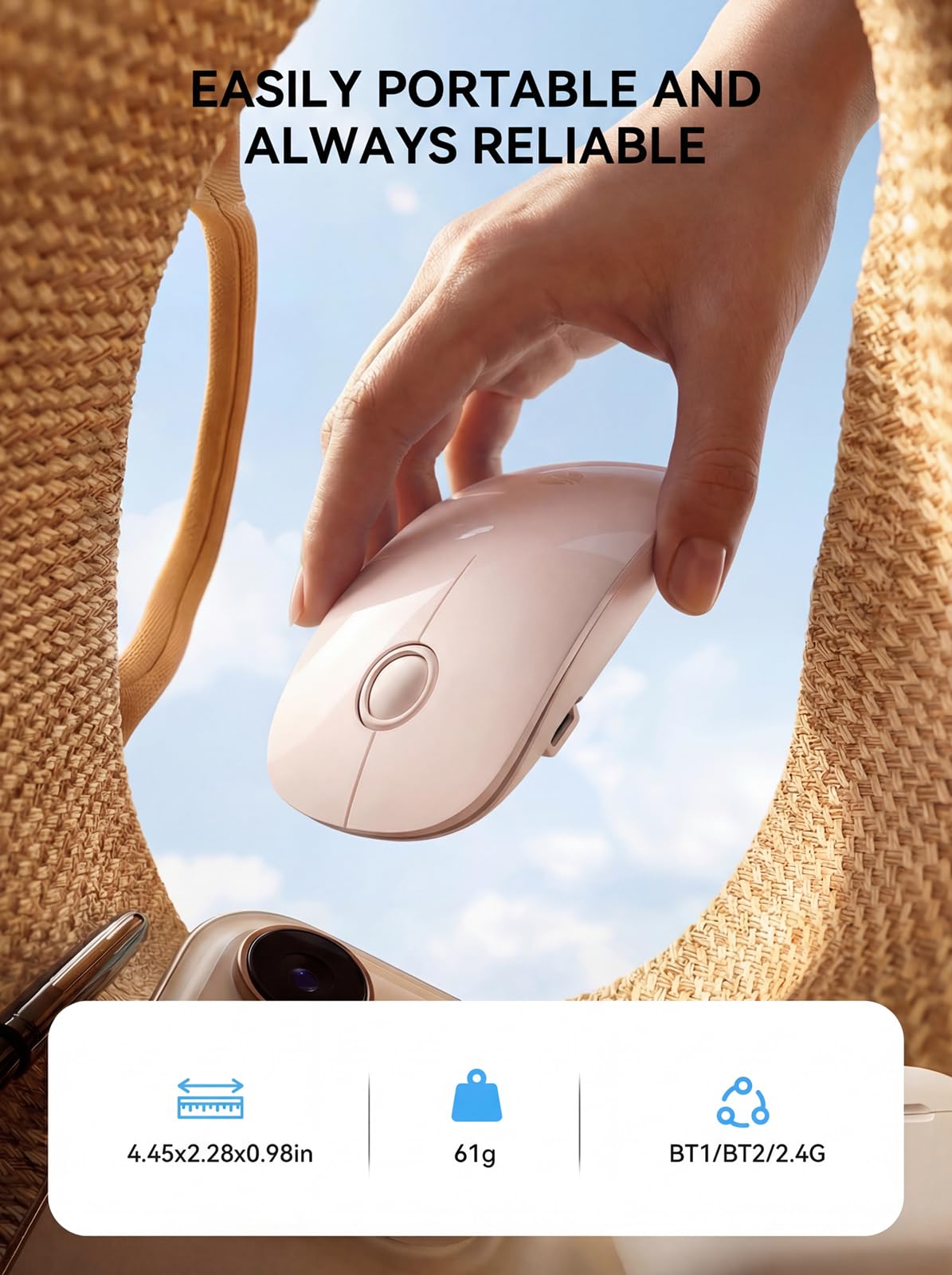 RAPIQUE R306 Pro Wireless Mouse, Dual Bluetooth e 2.4GHz, Collega fino a 3 dispositivi, Type-C ricaricabile, Silent Click, Design ergonomico simmetrico, per MacBook, laptop, tablet, tè al latte, rosa