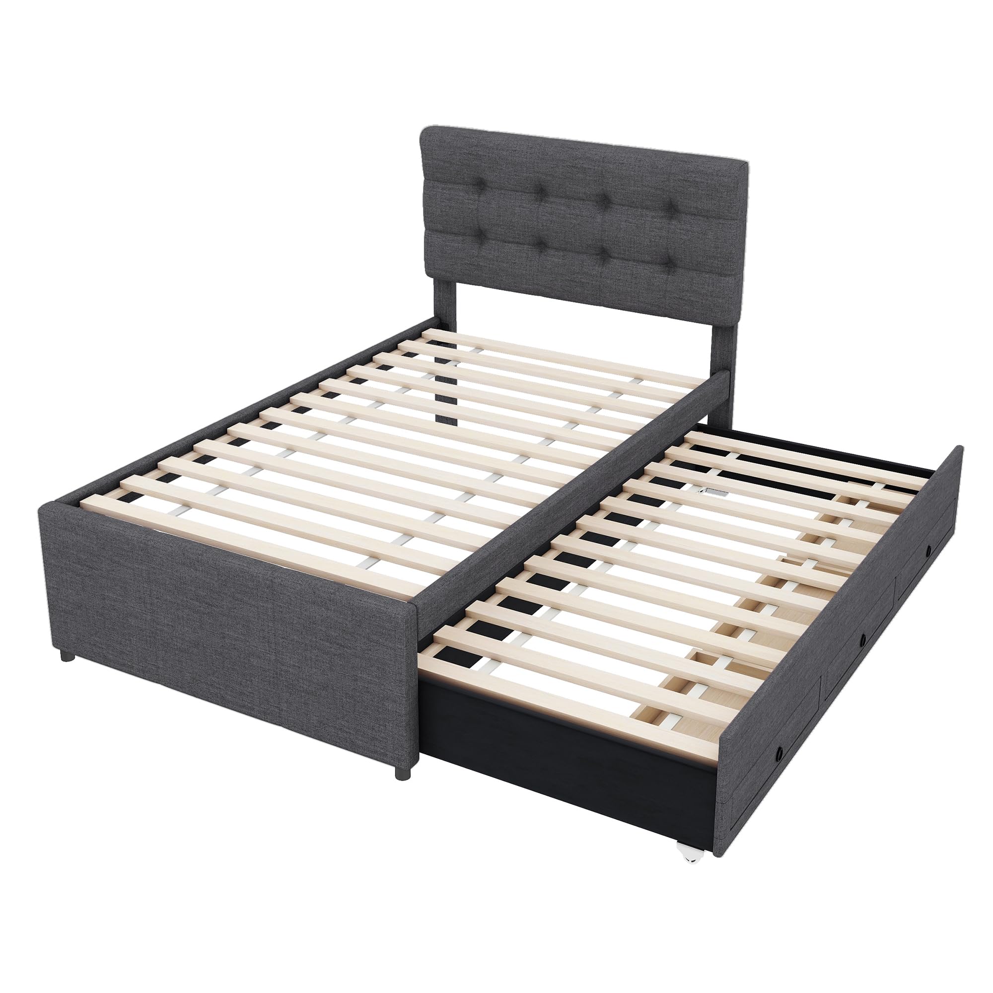 Letto imbottito 90 x 200 cm, letto singolo con 3 cassetti, telaio letto con letto estraibile 90 x 190 cm, testiera regolabile, letto familiare, lino, senza materasso (grigio, 90 x 200 cm)