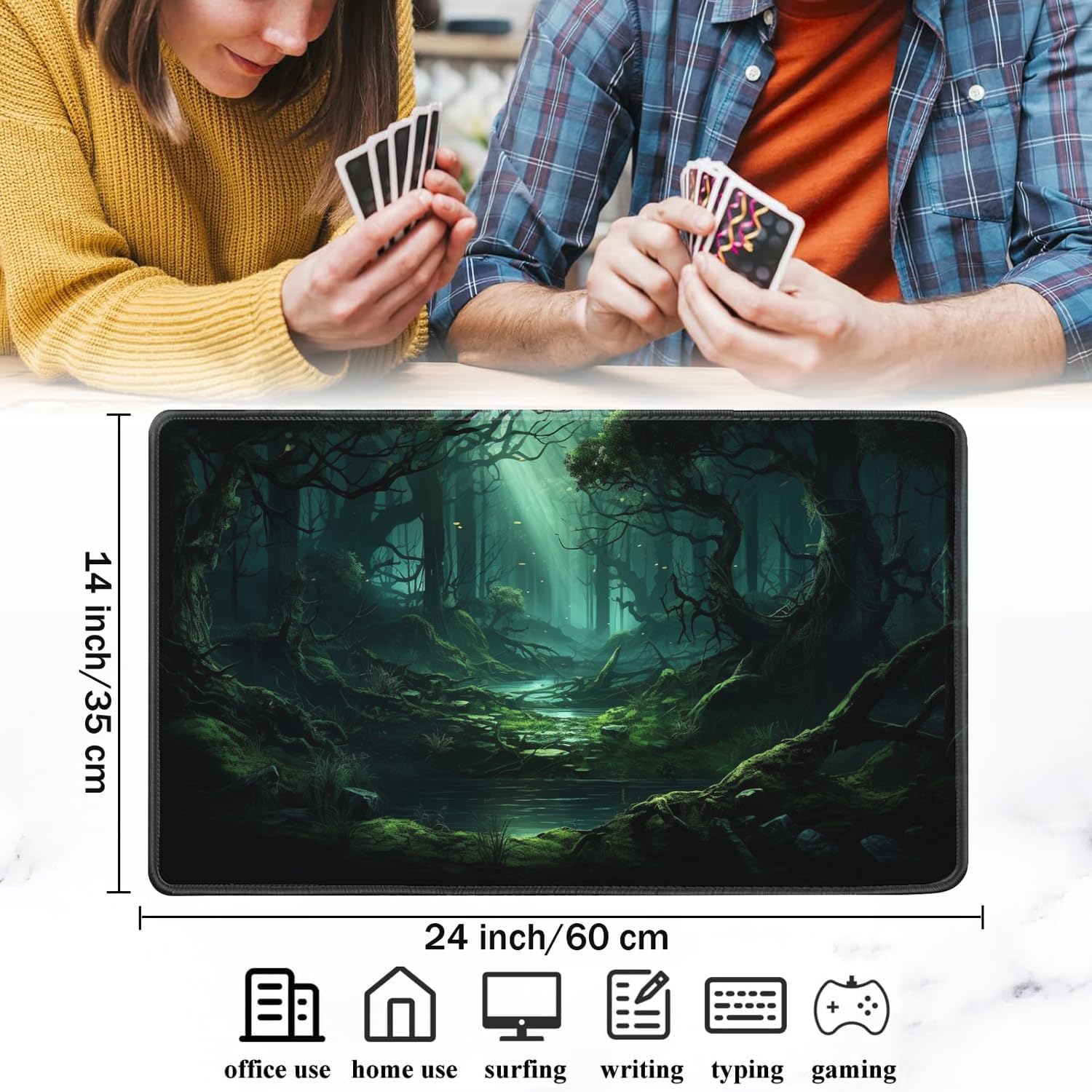 Playmat for MTG, 24x14 Inches Playmats, for TCG and CCG Trading Card Game Mat, Non-Slip Rubber for MTG Playmats with A Storage Bag and 6 Dice Set, Ancient Forest Pattern