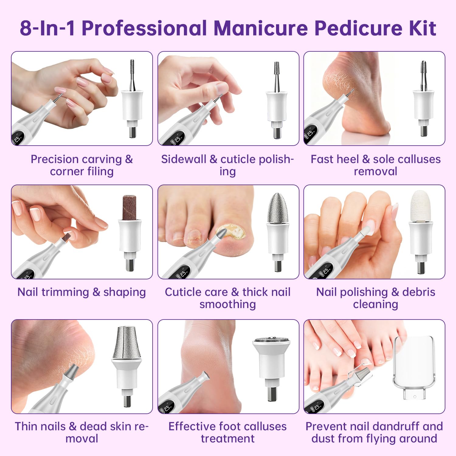 AOMEES Kit de manucure et pédicure, 8 forets et limes à ongles électriques