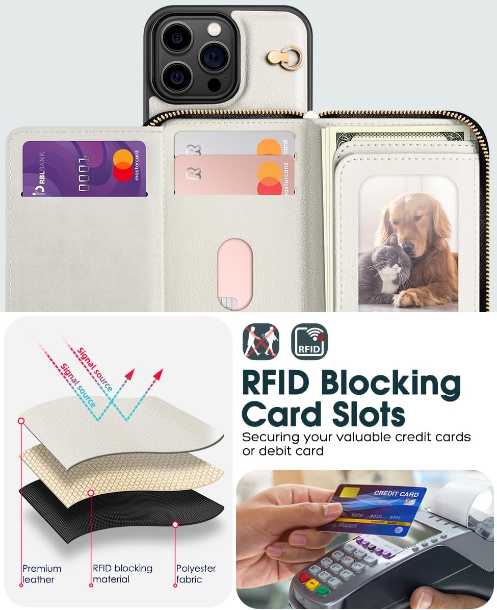OCASE Compatible with iPhone 16 Pro Crossbody Wallet Case with Card Holder, PU Leather Zipper Handbag Phone Purse with RFID Blocking Kickstand Wrist Strap Lanyard 6.3 Inch, Cream - Image 6