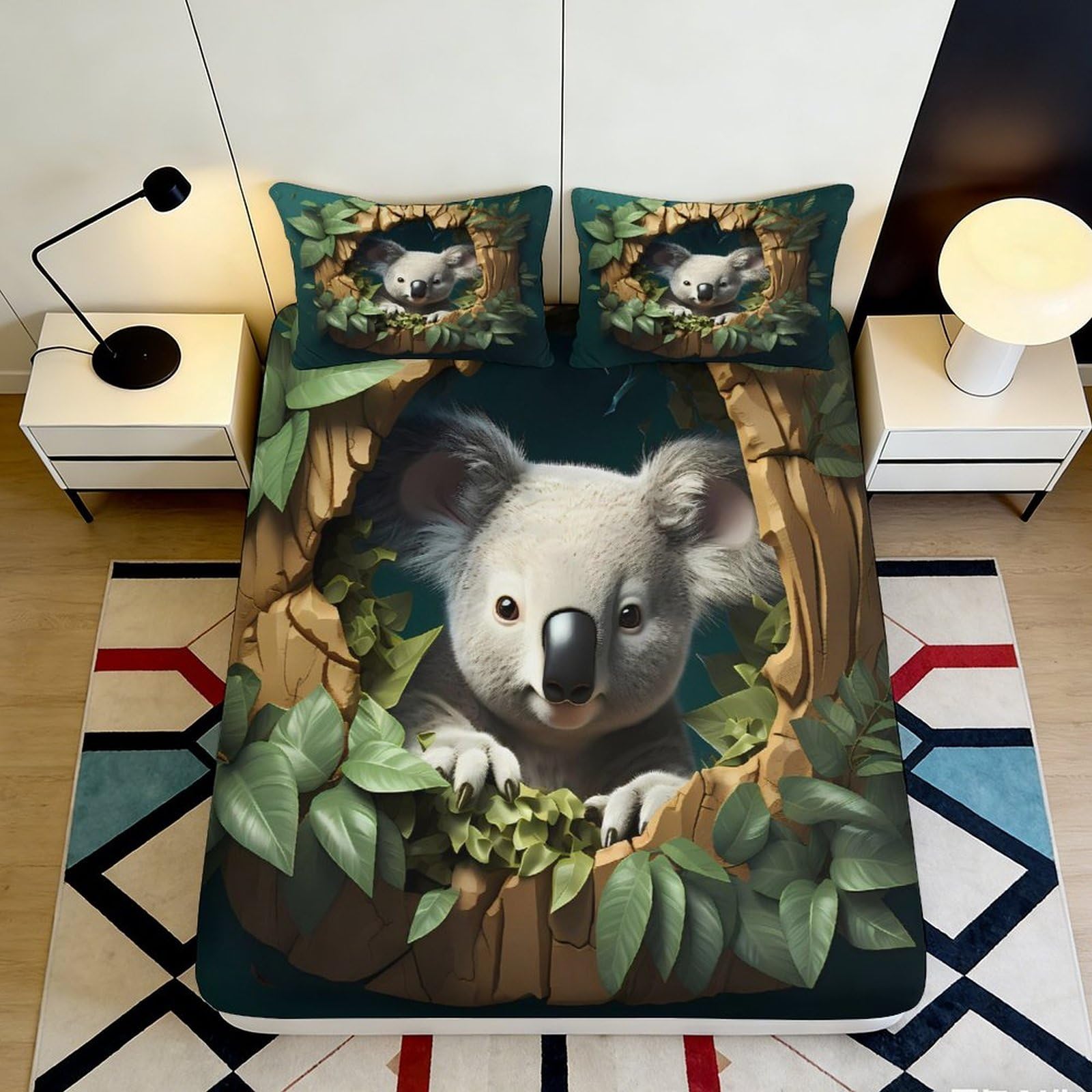 3D Printed Koala Forest Fitted Sheet Microfiber Soft Anti-Slip Mattress Cover for Bedroom Guest Room Easy Care 180x200x25cm