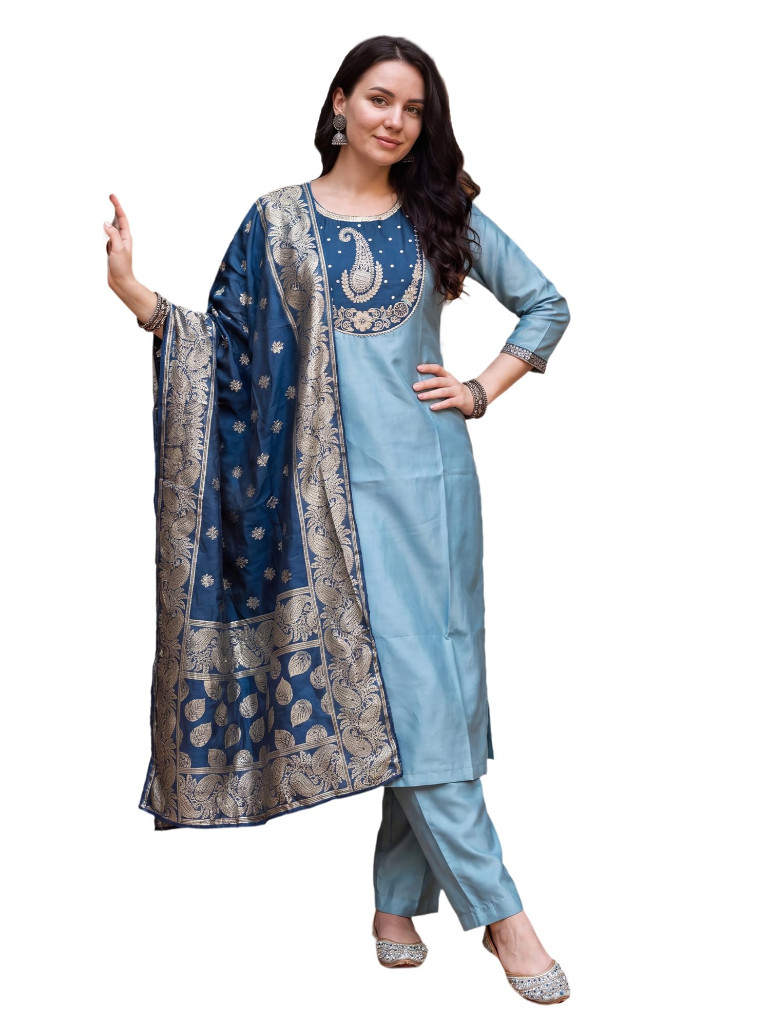 indo era Women's Silk Blend Blue Ethnic Motifs Embroidered Zari Straight Kurta & Pant with Dupatta Set-picture-38