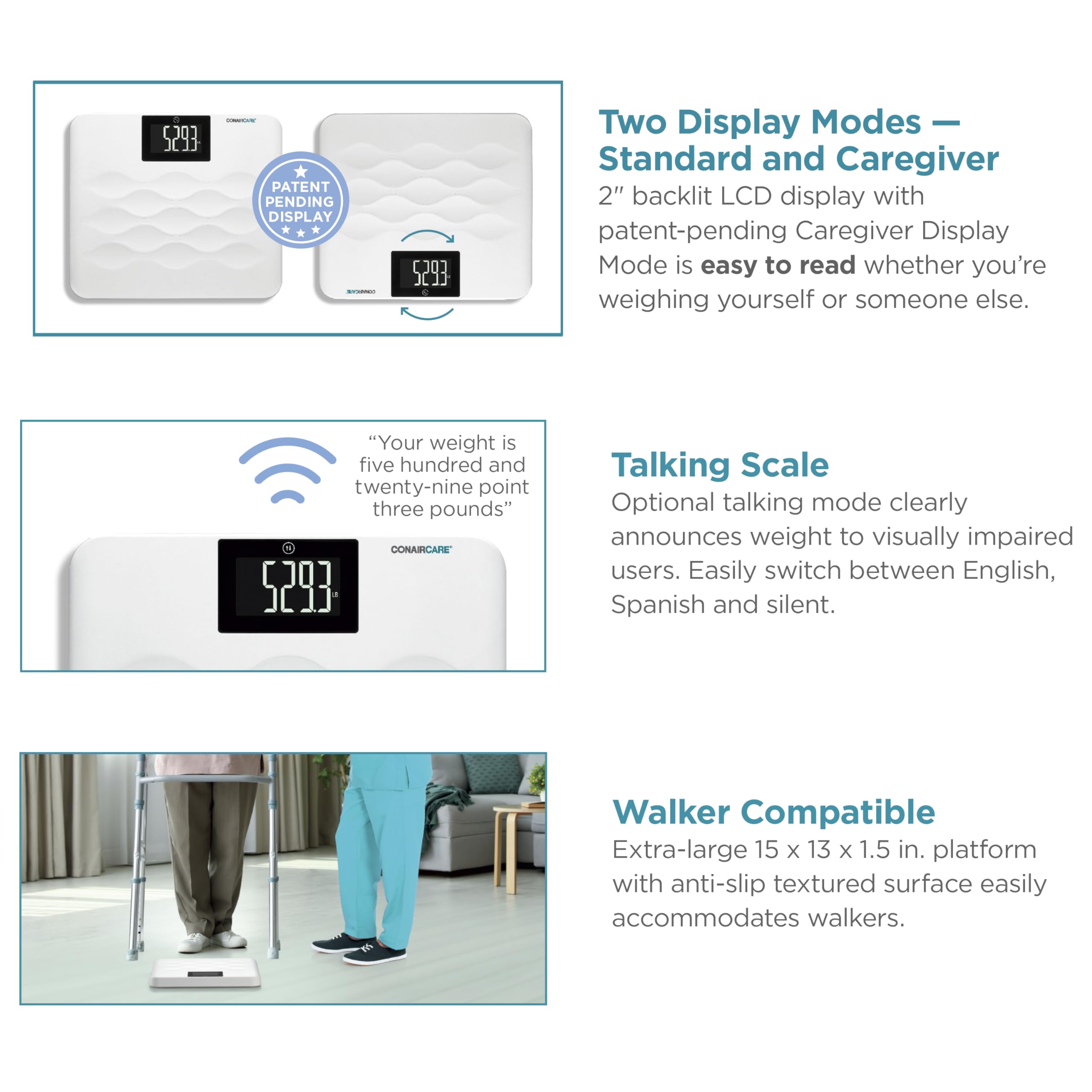 Conair Báscula de baño para peso corporal, báscula de baño parlante de alta capacidad en inglés y español, 660 libras. Límite de peso mejorado con pantalla LCD retroiluminada XL y plataforma estable y