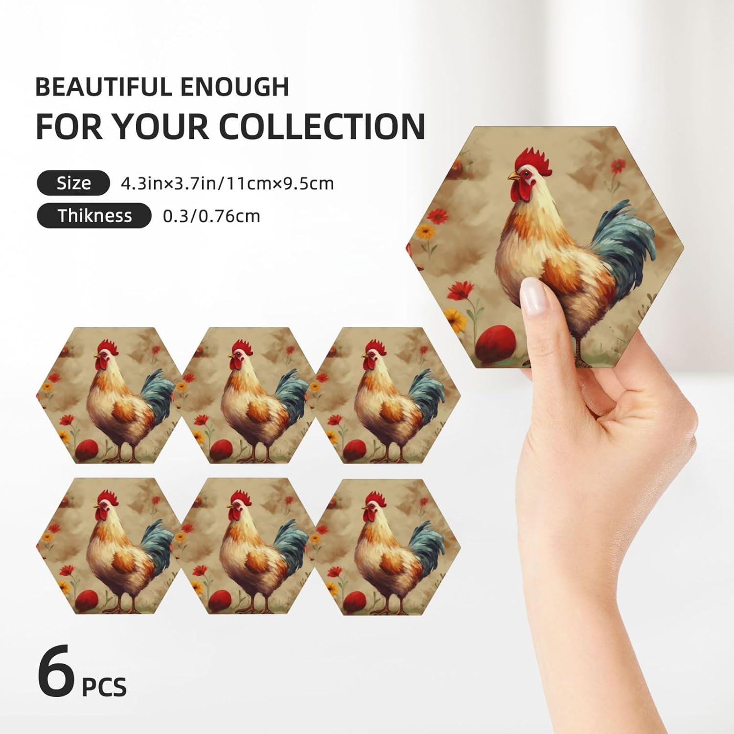 KHiry ドリンクコースター 6枚セット セラミックコースター ホルダー付き アート チキン 動物 絵画 ラウンドコースター ドリ