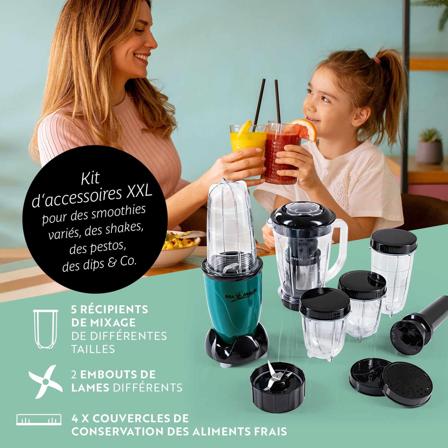 GOURMETmaxx Mr. Magic Mixer | Smoothie Maker avec paquet d'accessoires XXL | 18 pièces | Blender avec couvercles anti-fuite pour conserver la fraîcheur | Pour shakes, smoothies etc.