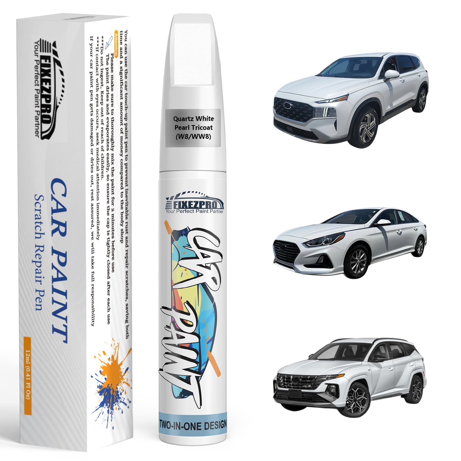 W8/WW8 Quartz White Pearl Tricoat Touch Up Paint for Hyundai, Exact Color Match Car Paint Scratch Repair Remover Pen Kit Quick & Easy Fix Vehicle Chips and Automotive Nicks Scuff