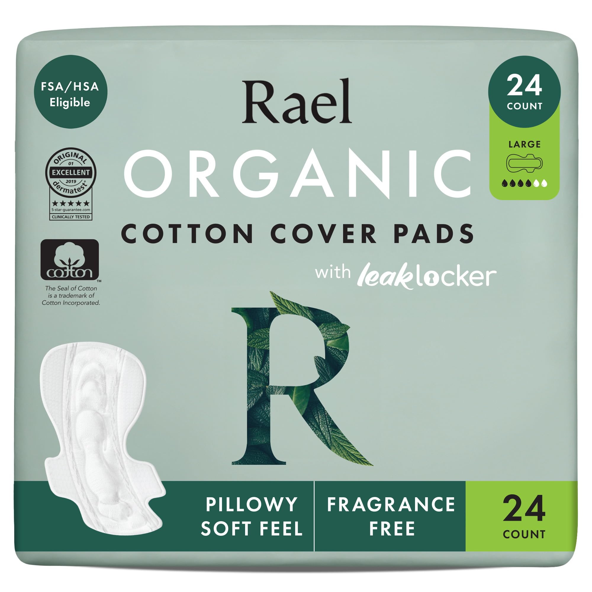 Rael Organic Cotton Cover Sanitary Pads for Women, Heavy (Large, 24 Ct)