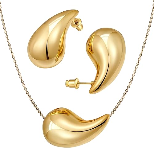 Aretes de lágrima de oro y plata de 18 quilates, aretes de aro de oro grueso y collar hueco de gota de agua para mujer, juego de joyería de moda en