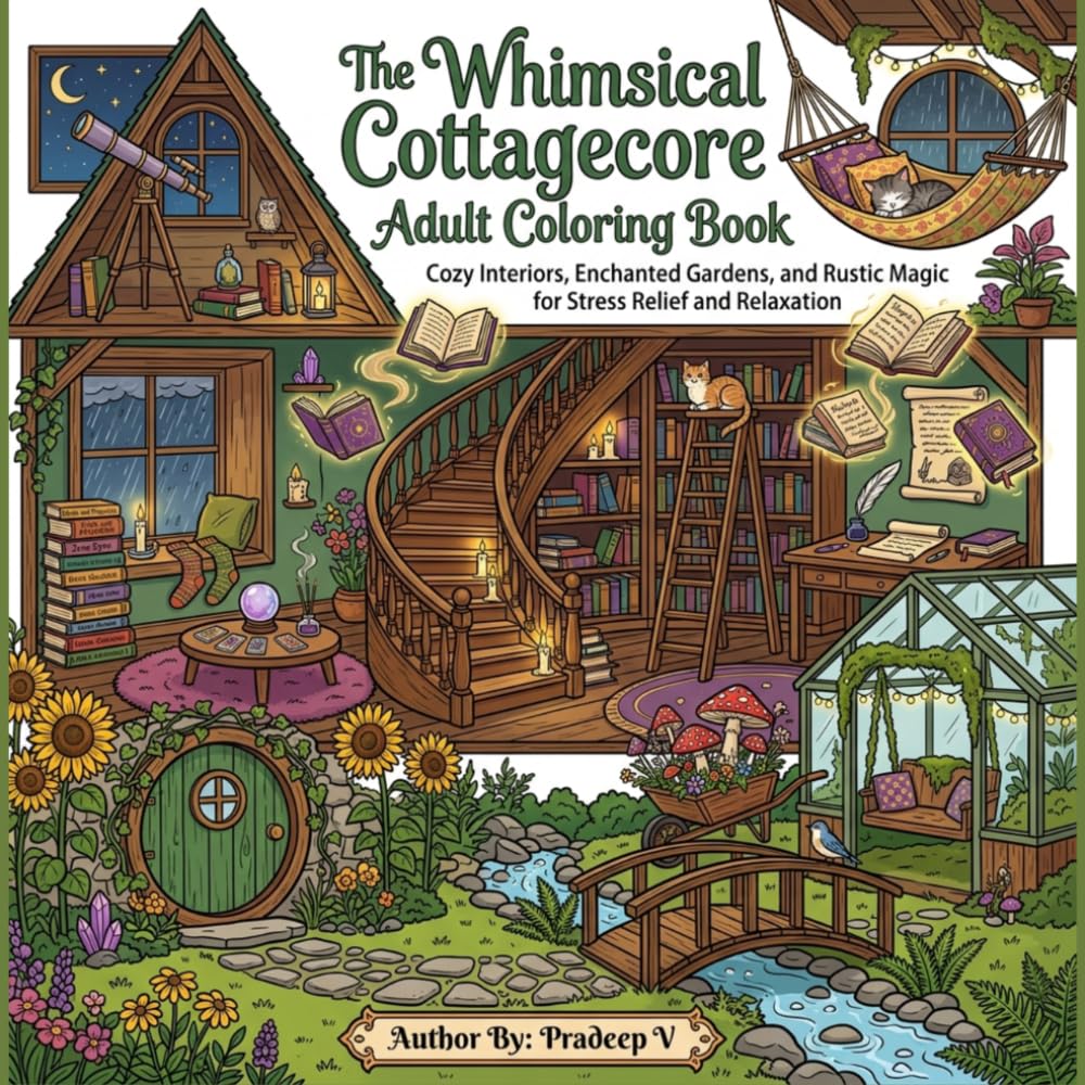 The Whimsical Cottagecore Adult Coloring Book: Cozy Interiors, Enchanted Gardens, and Rustic Magic for Stress Relief and Relaxation