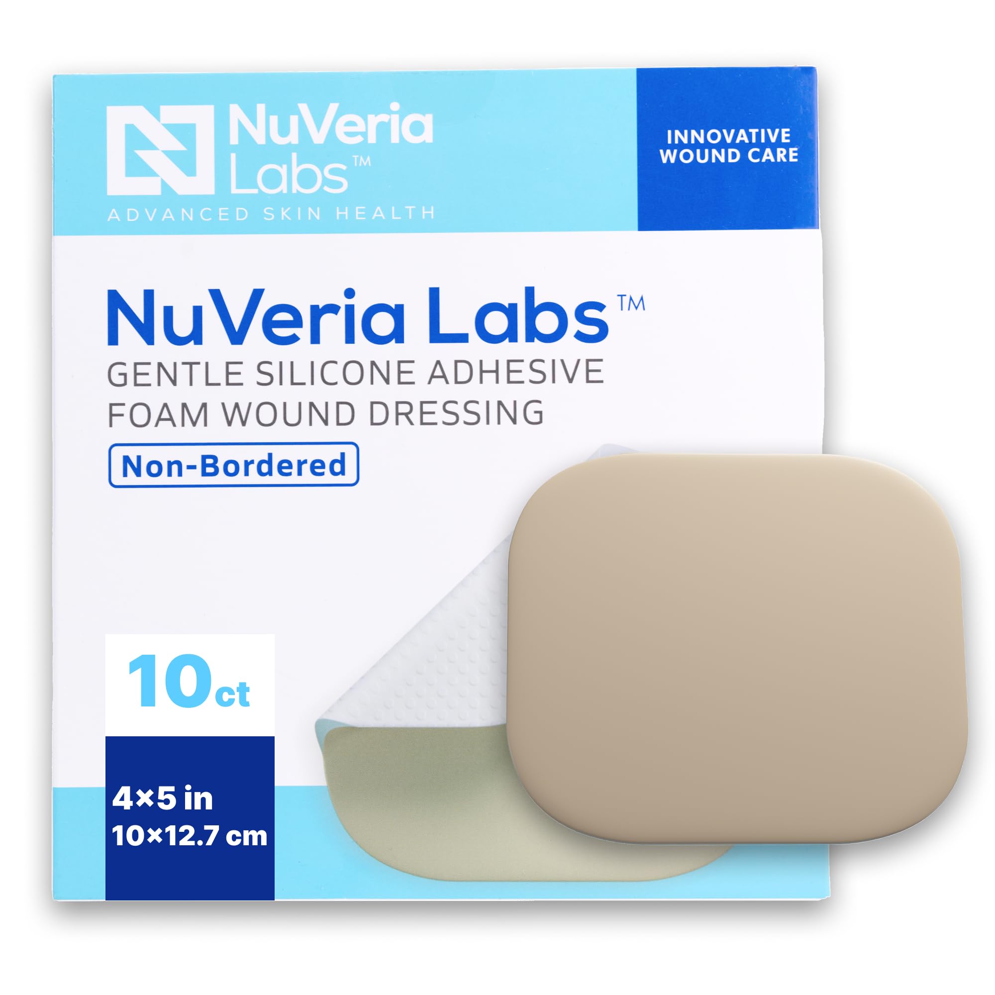 NuVeria Labs Medicazione per ferite in schiuma di silicone non bordata di grado ospedaliero – cuscinetto assorbente multistrato adesivo delicato con pellicola traspirante resistente all'acqua, 10,2 x