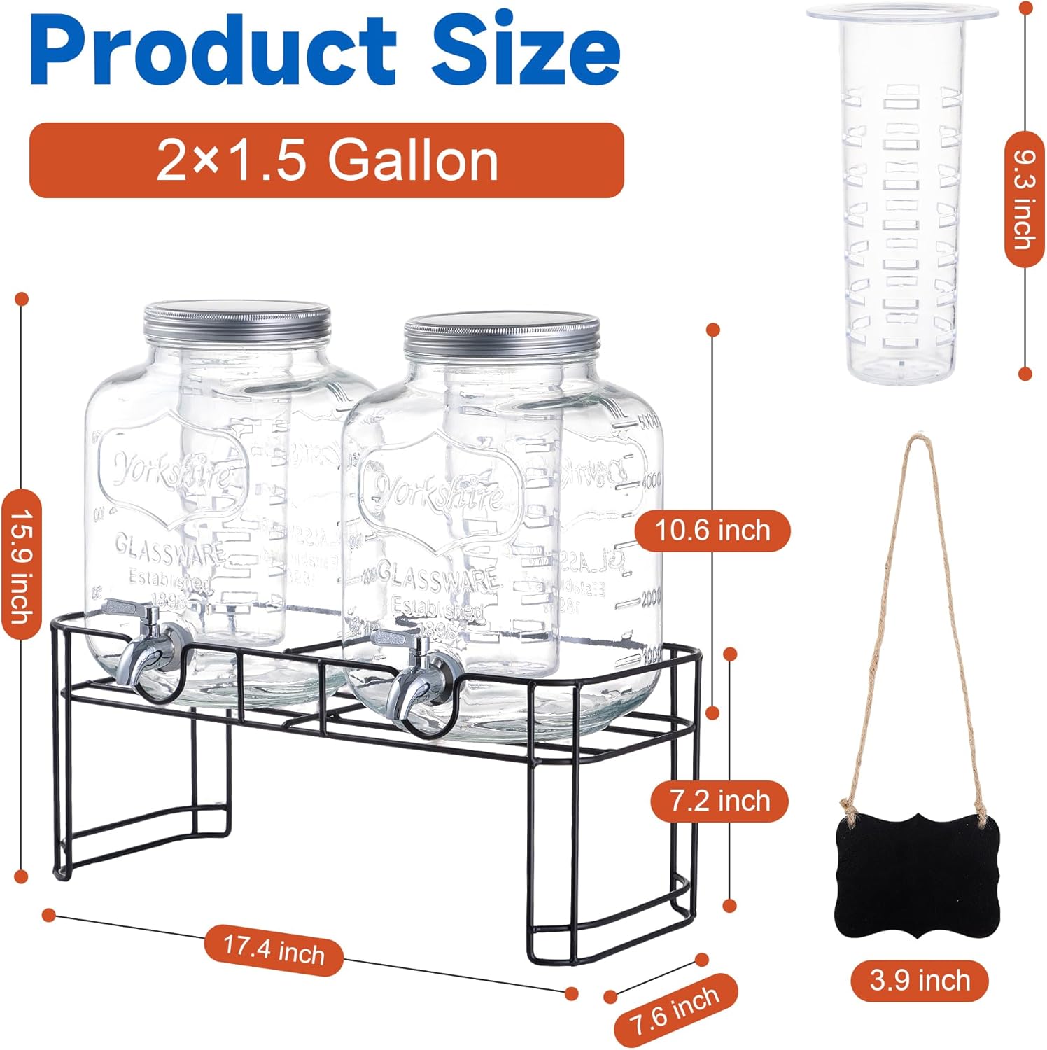 1.5 Gallon Glass Drink Dispensers for Parties, 2PACK Beverage Dispenser with Stand, Ice Cylinder and Stainless Steel Spigot 100% Leakproof, Beverage Dispenser for Lemonade Sun Tea