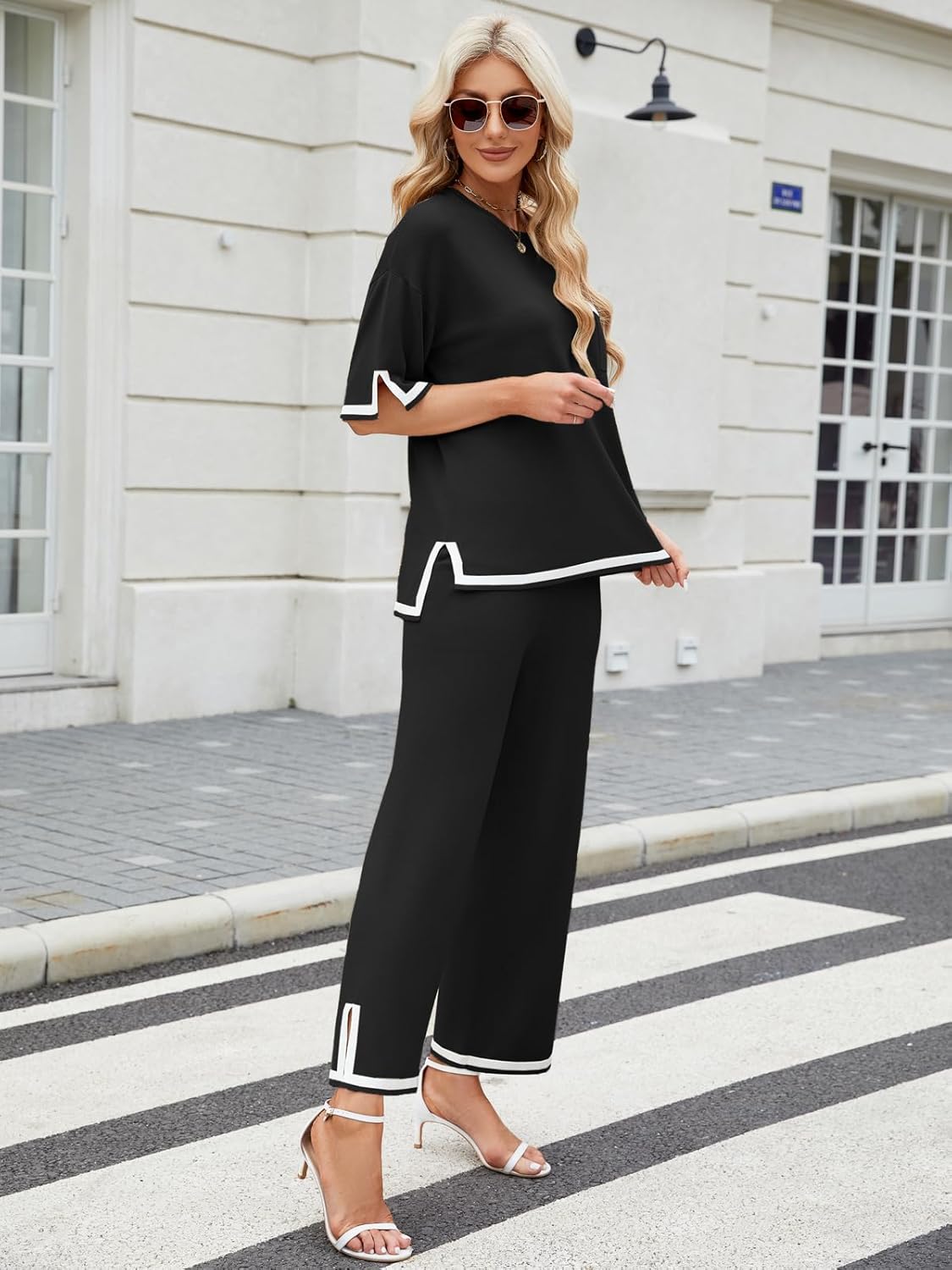 ZANZEA Women's 2 Piece Outfits Lounge Sets Short Sleeve Knit Pullover Tops Wide leg Pajama Sets with Pockets - Image 5