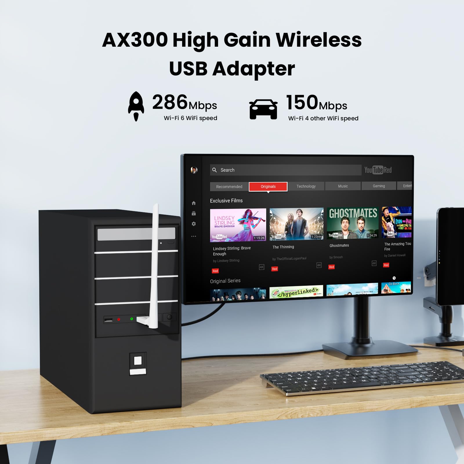 Tenda AX300 Adaptateur WiFi 6-286 Mbit/s 2,4 GHz, antenne à gain élevé 6 dBi, adaptateur WiFi sans fil pour Windows 11/10/7/Linux 3.1+/Ubuntu, Dongle WiFi USB (U2)