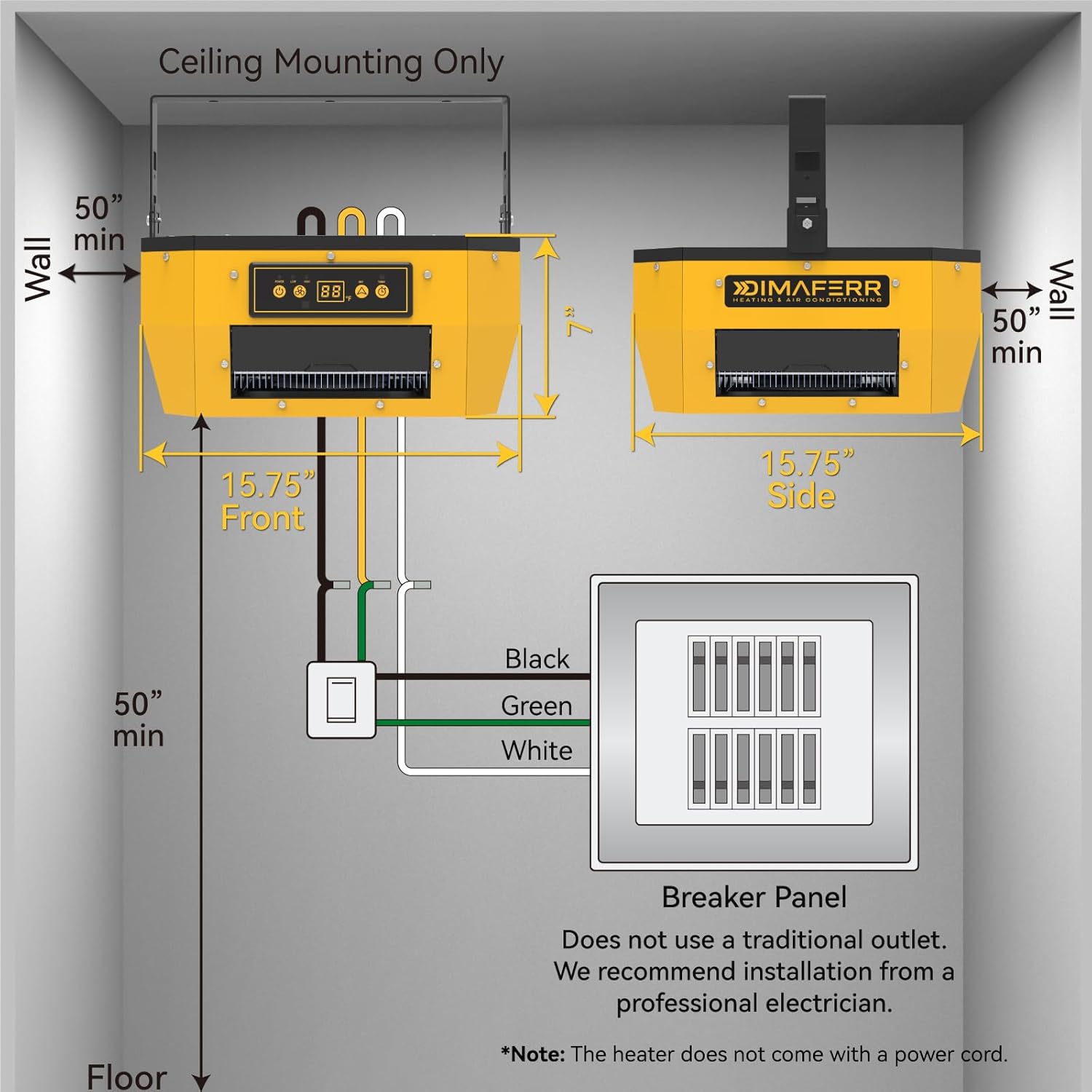 Diagram showing ceiling mounting instructions for the Dimaferr HGA75 heater, including dimensions, clearances, and a wiring diagram to a breaker panel.