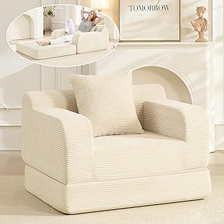 Schlafsofa Faltbar mit Bettfunktion 100x172x67cm, 1-Sitzer Bodensofa aus Cord mit Kissen, Klappbares Schlafcouch Klein für Wohnzimmer, Gästezimmer & Loft (Beige)