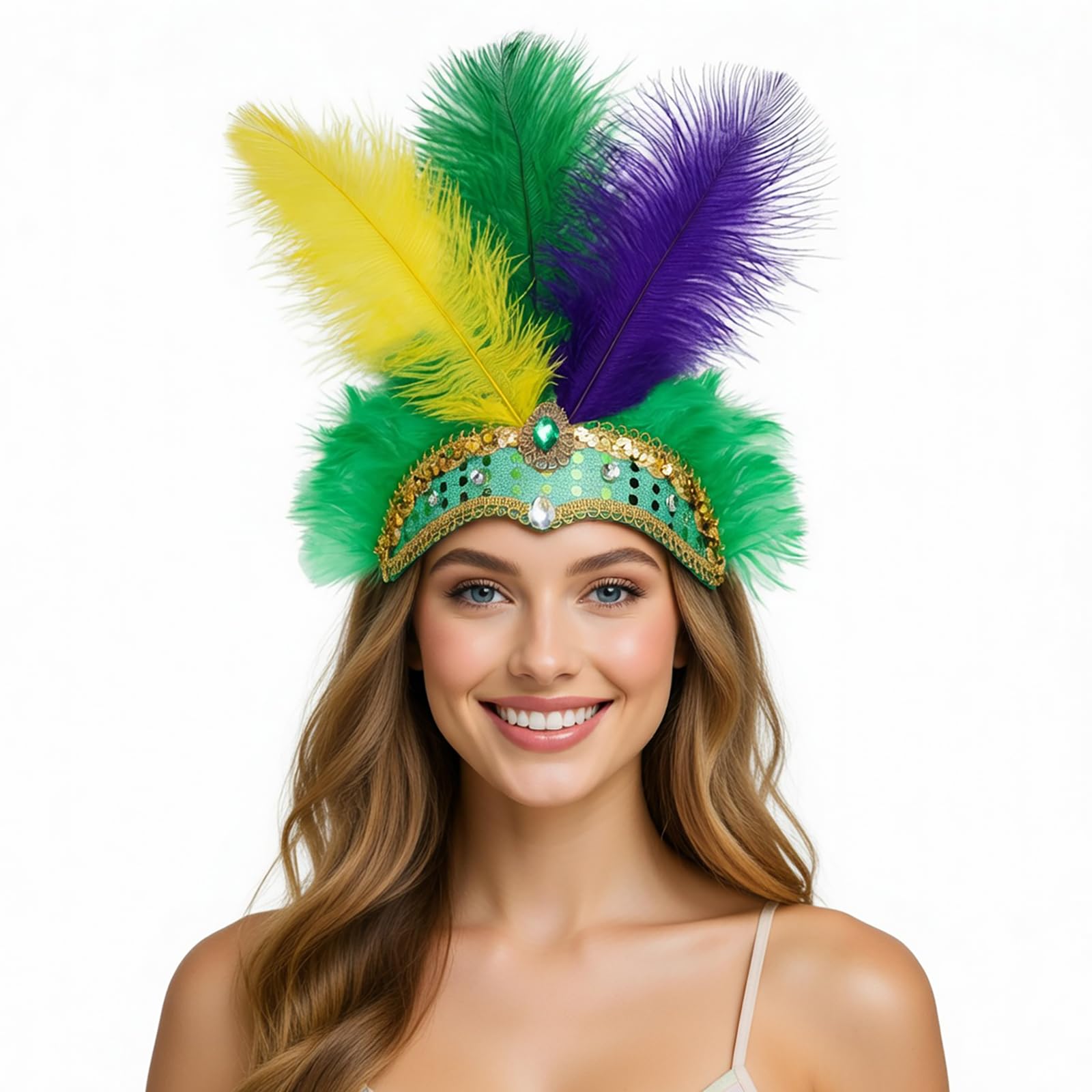 NUXMAW Showgirl Feather Headpiece Carnival Headband Vegas Costume Accessories Rio Mardi Gras Party (3 Colors)
