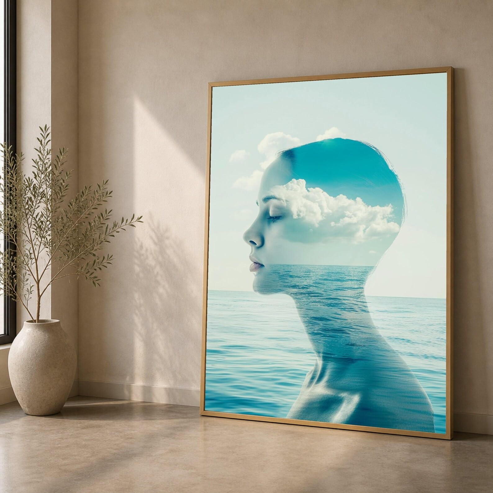 TONGYINLI Abstract Woman Profile Posters and Prints, Ocean and Sky Wall Art Pictures, Tranquil Sea Decor Painting(70x100cm/Frameless)
