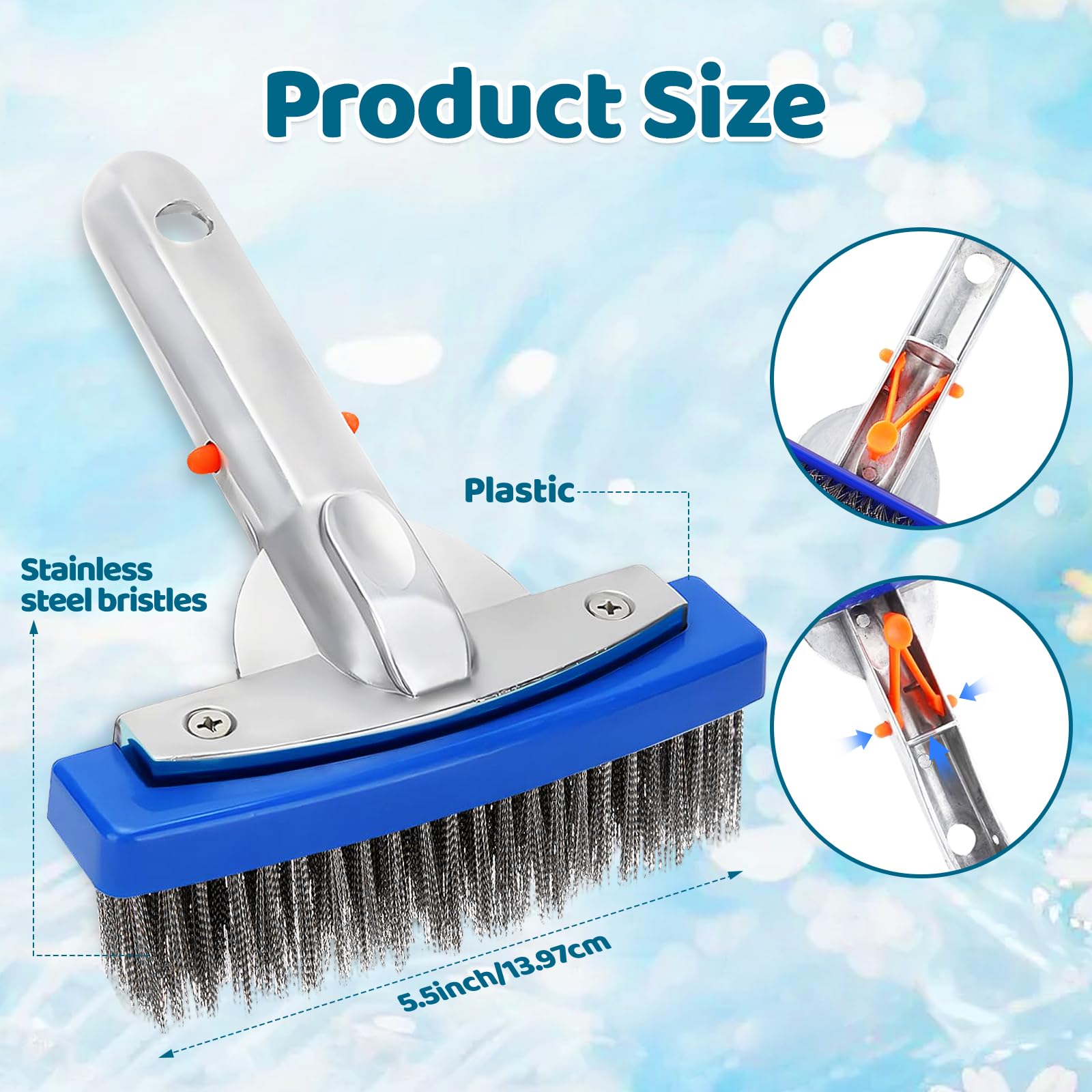 Brosse Piscine, 5 Pouces Balai Piscine, Brosse de Piscines en Acier Inoxydable, Piscine Nettoyage Brosse Robuste et Résistant pour Nettoyage de Piscines, Spa, Étang