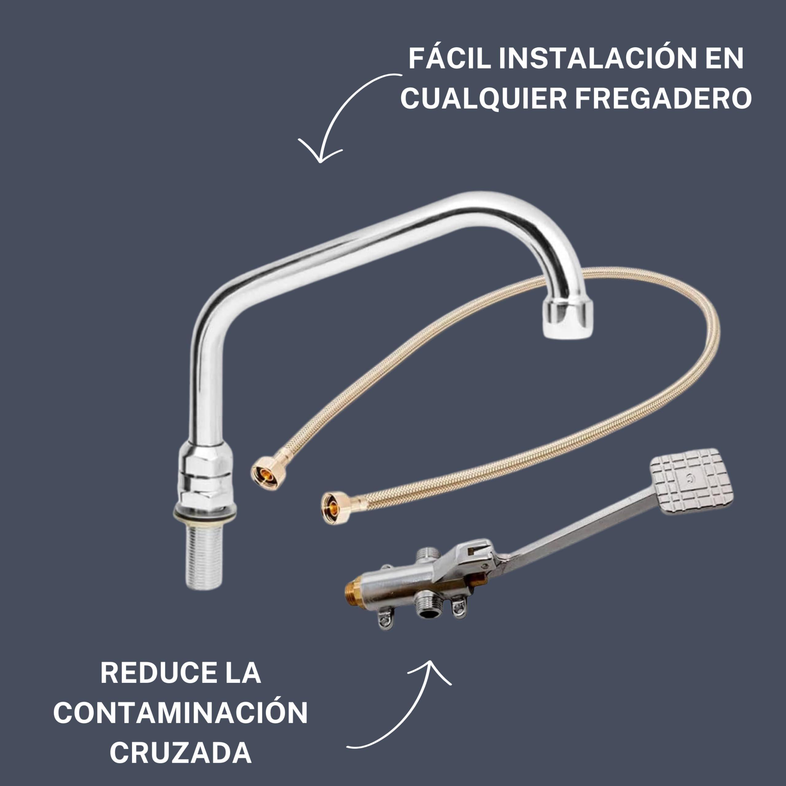 Set de Grifo Pedal Mezclador de Pie Pulsador para Fregaderos Industriales de Hostelería, Caño Tubo Medio Vertical Giratorio - Grifo Agua Fría, Grifo De Pedal, Latiguillo Grifo Cocina