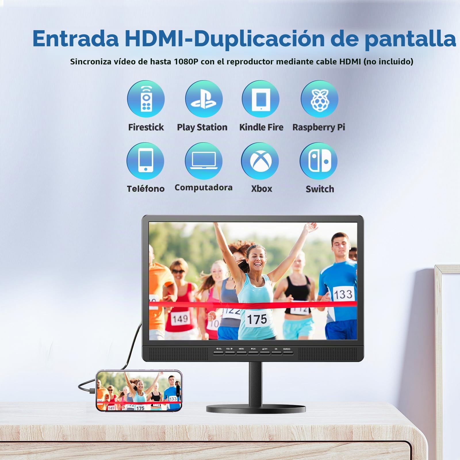 Desobry TV portátil de 18″ con Antena, Mini TV LCD con sintonizador DVB/T2 | 12V televisiónV Recargable 6000mAh con Soporte Redondo para Camping al Aire Libre, Dormitorio, Cocina