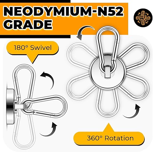 Miniatura 6 de VNDUEEY Ganchos magnéticos fuertes, 100 libras, paquete de 4 ganchos magnéticos de neodimio grado 52 resistentes con mosquetón giratorio para