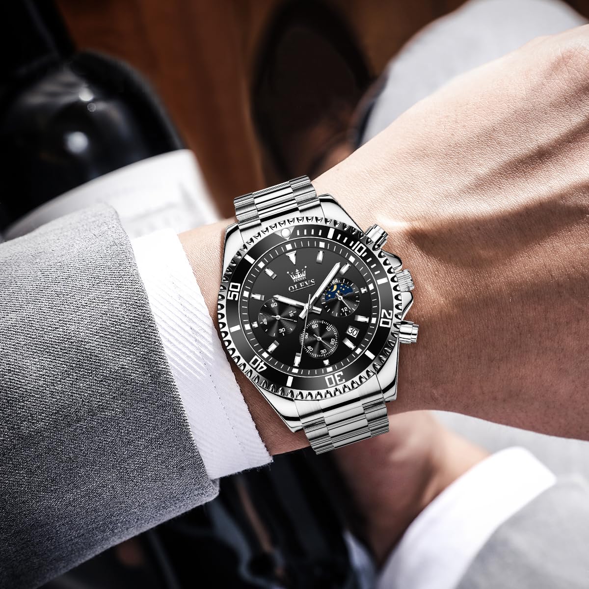 OLEVS Orologi per gli uomini Impermeabile Designer di Lusso Formale Luminoso Due Toni In Acciaio Inox Orologio Da Uomo Data Fase Lunare Cronografo Orologio Al Quarzo Regali