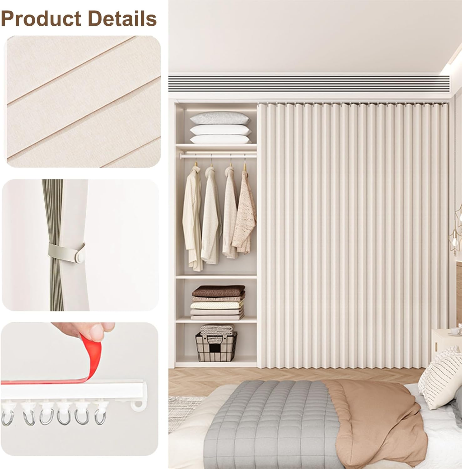Magnetic Pleated Curtains, Self-Adhesive Tracks, Door Blinds for Use with Wardrobes, Doorway Partition and Cabinets