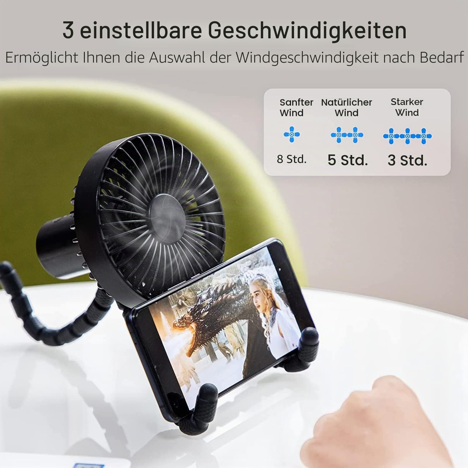 USB Ventilator Leise, Ventilator für Kinderwagen mit Verstellbares Stativ, Kleiner Ventilator mit Akku,1800mAh, Maximal 8h Mini Fan, Tragbarer für Kinderwagen/Schlafzimmer/Büro