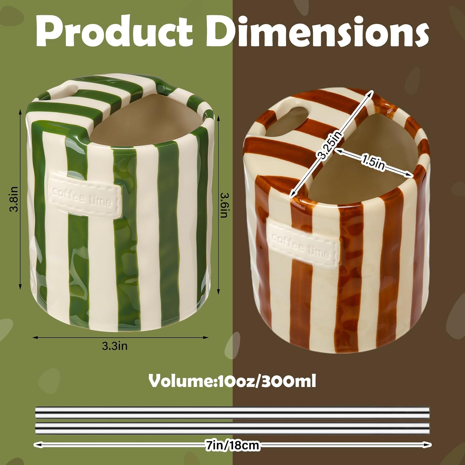 2 Pack Ceramic Coffee Mug with Sip Hole Espresso Cup 10oz with Straws Retro Hand Painted Striped Porcelain Coffee Tea Cup Cappuccino Latte Mug for Kitchen Dining Travel (Green,Brown)