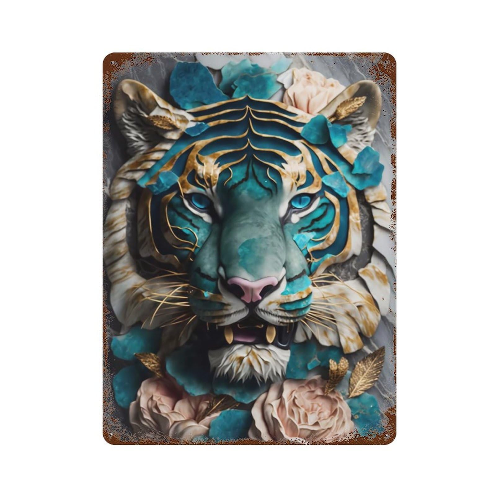 Abstract Tiger Kintsugi Distressed Metal Wall Sign 15.7"x11.8", Industrial Home Decor for Garage, Pub Or Kitchen