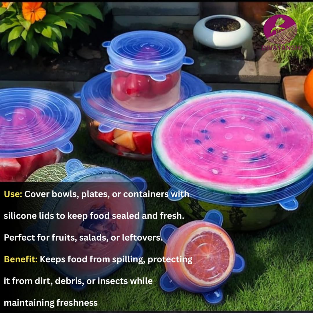 Divayanshi Silicone Stretch Lids for Food Storage | Reusable & Airtight Curved Dish   Covers | for outdoor picnic | BPA-Free, Leak-Proof, Microwave & Freezer Safe – Pack of 6 Flexible Silicone Lids - Image 9 thumbnail