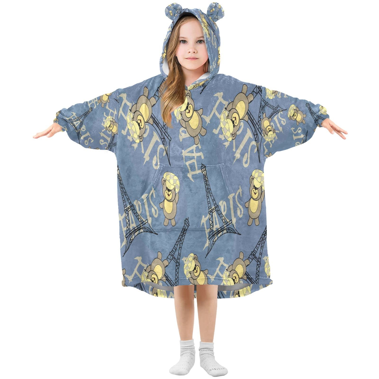 Blueangle Wearable Blanket Hoodie for Kids,Oversized Paris Eiffel Tower Bear Sweatshirt Blanket with Pockets（769）