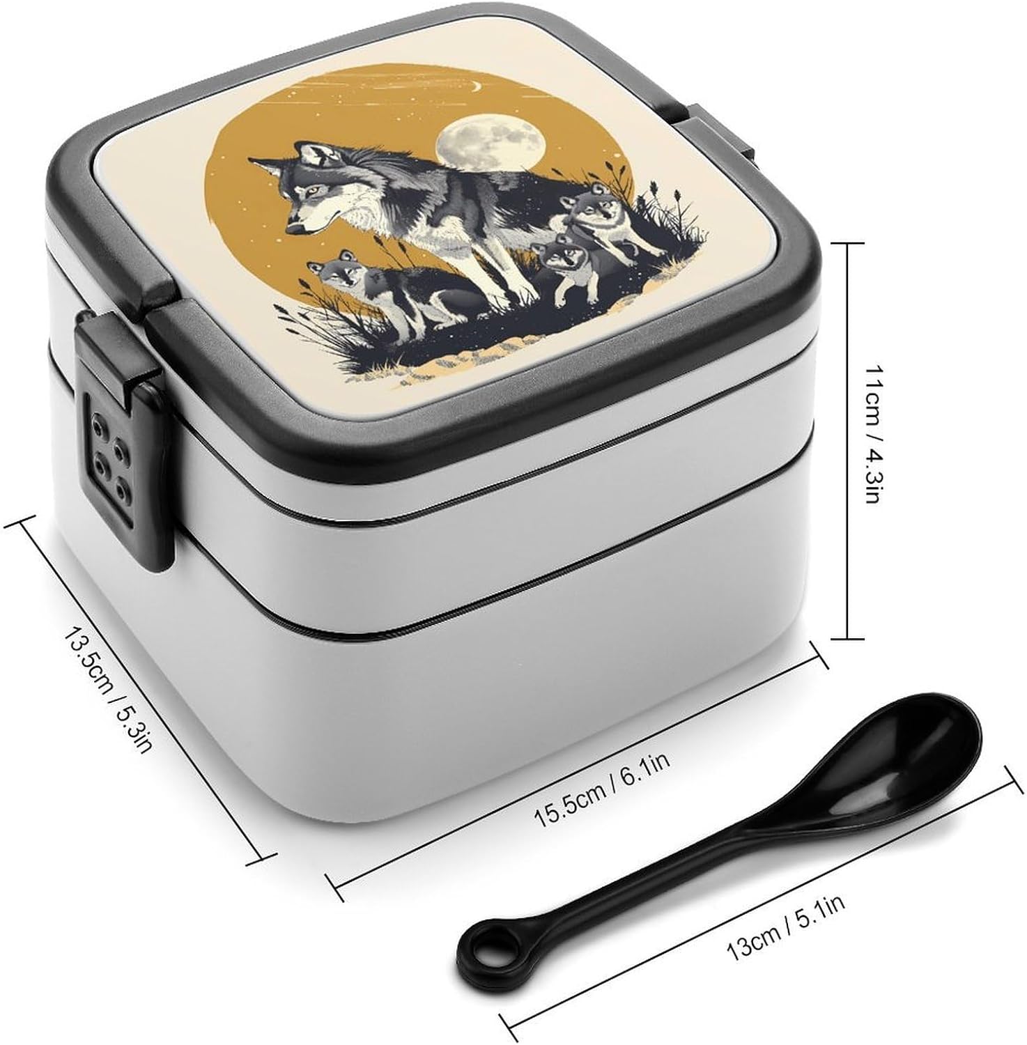 Wolves Family Double-Layer Bento Lunch Boxes,Bento Box with Spoon,Lunch Container - Leakproof Lockable Lid