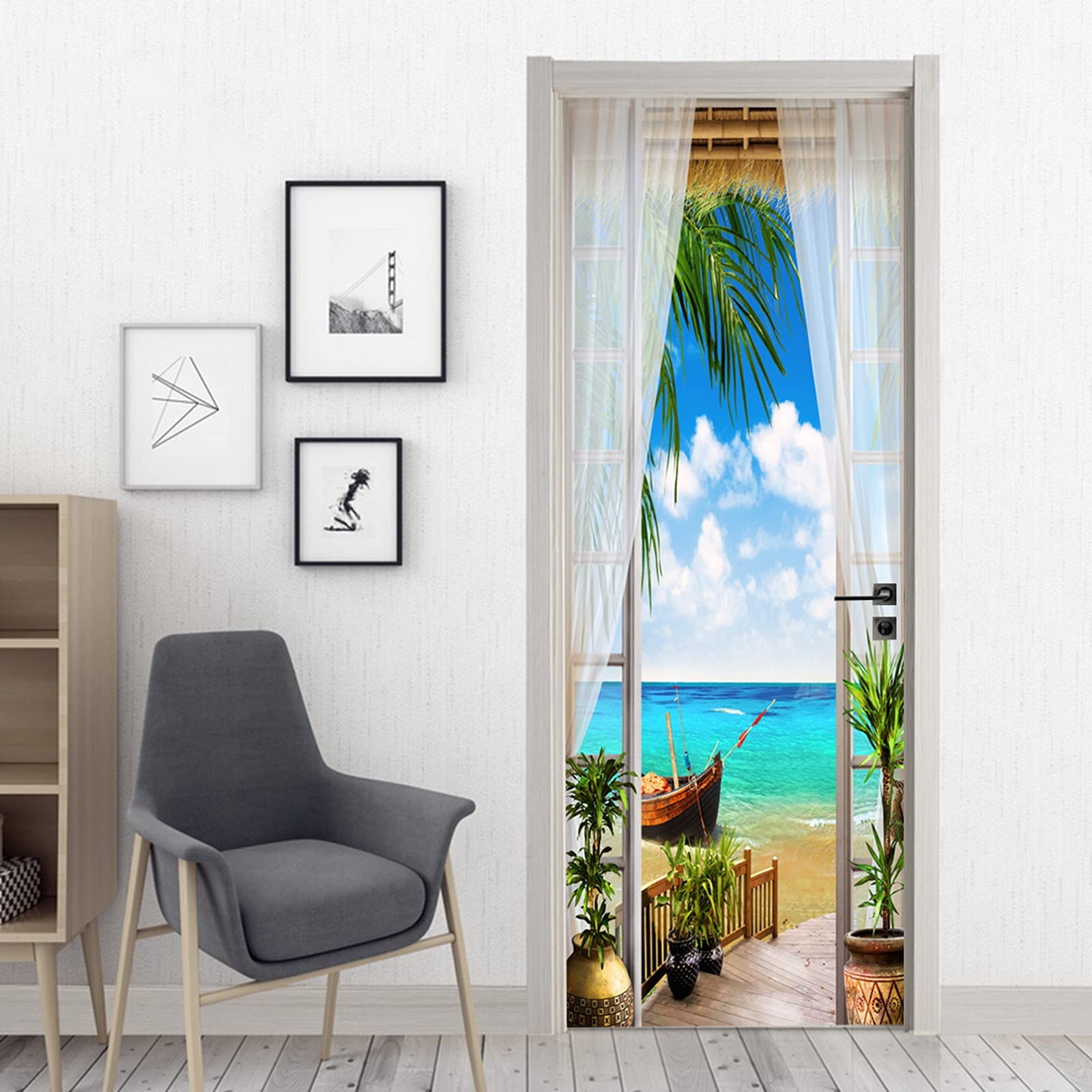 A.Monamour Adesivo Porta Autoadesiva Terrazza Vista Mare Con Tenda In Voile Bianco Spiaggia Sabbiosa Vinile PVC Adesivi per Porte 3D Pellicola Adesiva Poster Sticker Murale Parete Carta da Parati