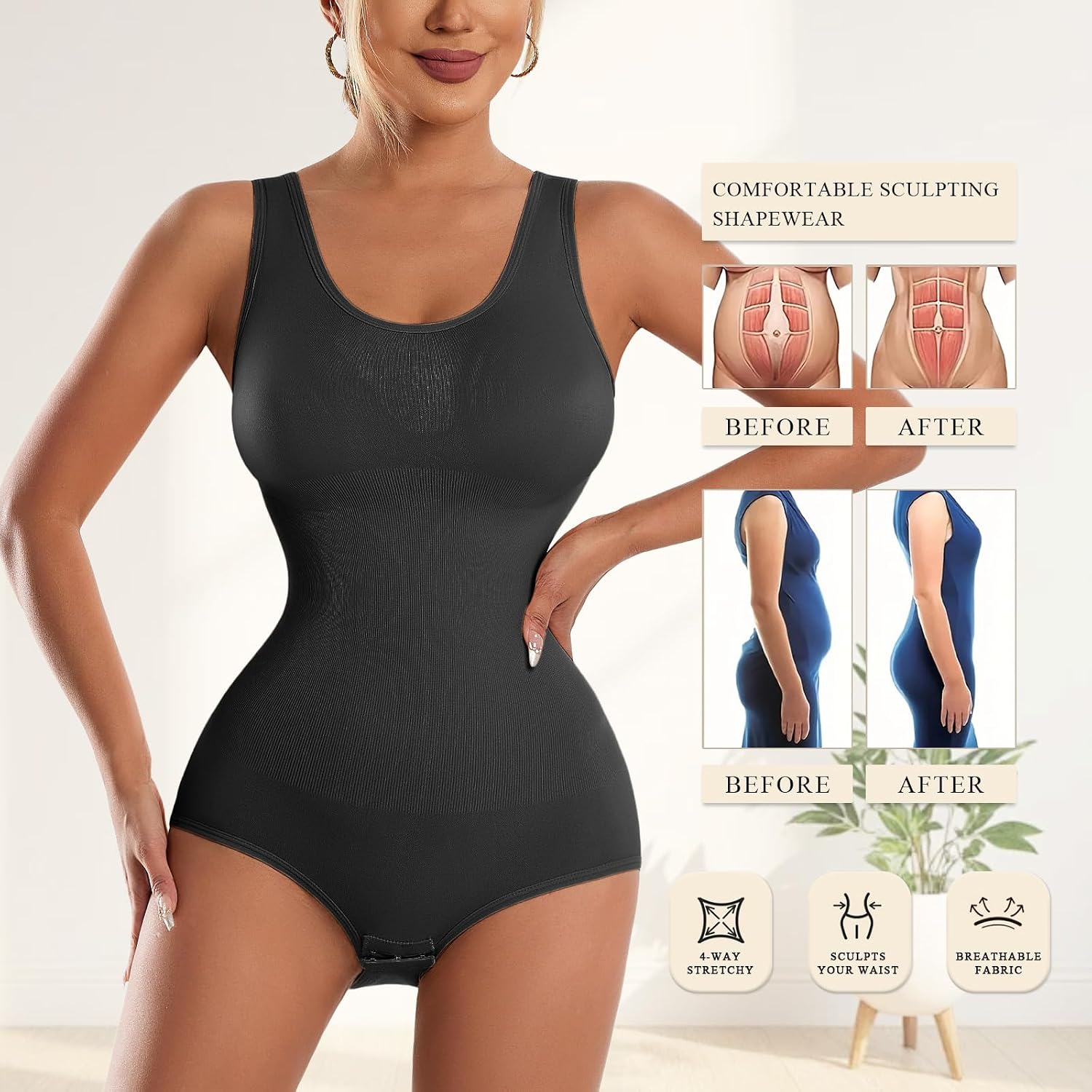Women's Shapewear Bodysuit Tummy Control Hook Closure 3 Pack