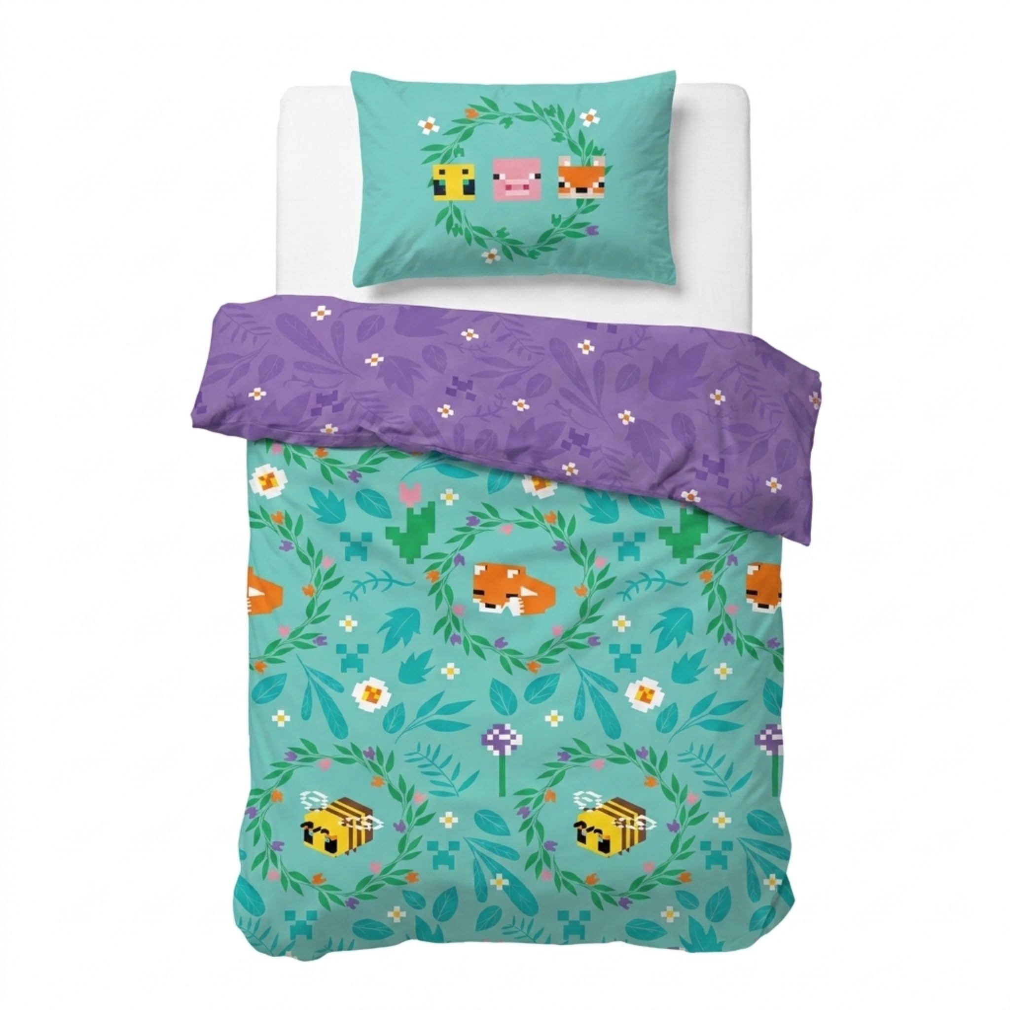 Jay Franco Children's Minecraft Single Duvet Cover Set – 100% Cotton Super Soft Bedding with Pillowcase, Official Licensed Product, Teal, 2 Piece Set