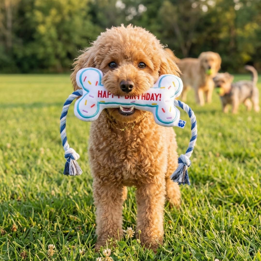 Juguete interactivo de hueso de cumpleaños para perros, juguete interactivo de cuerda para mascotas, bonito diseño único, regalo de cumpleaños para fiestas, cachorros pequeños y medianos, juguete de