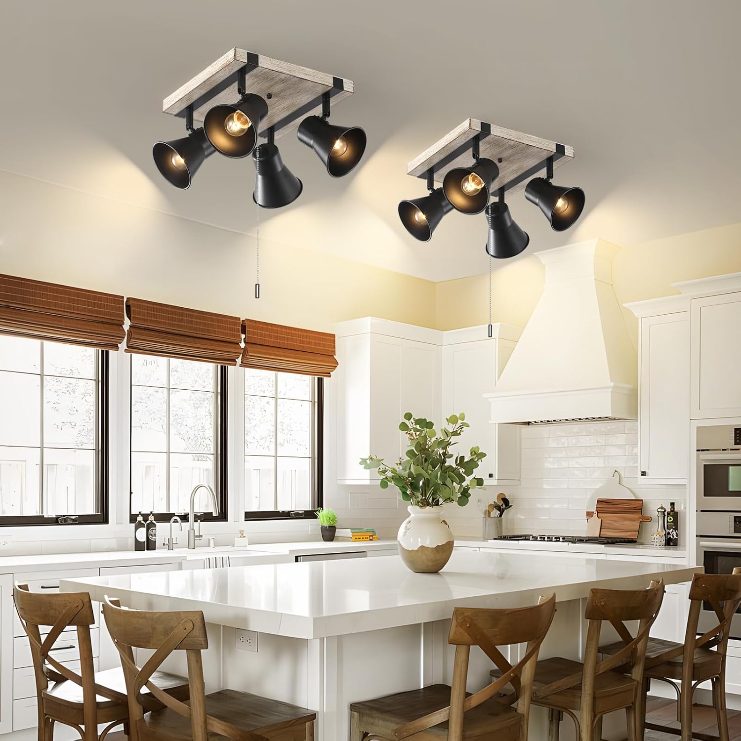 KEESFU 4 Light Kitchen Lighting Fixtures Ceiling Pull Chain Light,Farmhouse Flush Mount Ceiling Light with Rotatable Head,Rustic Light Fixtures for Dining Room Bedroom Hallway.
