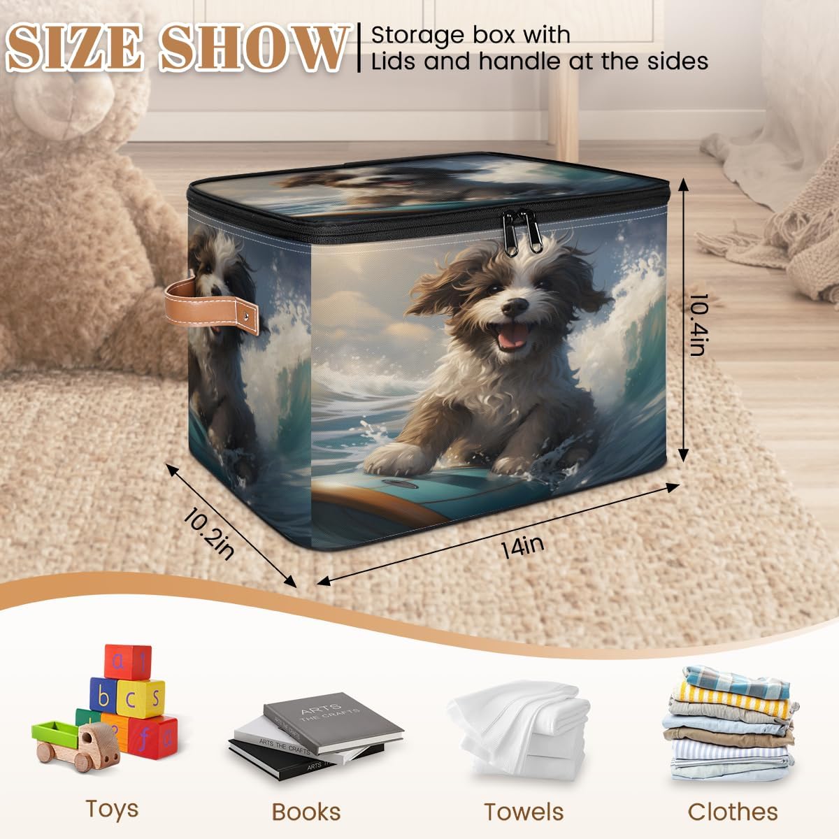 Storage Bin Set of 2 Cute Surfing Puppy Storage Basket with Zipper Lid & Handle Foldable Closet Shelf 2 Pack Cloth Organizer Basket Cube Bins Clothes Organizer for Bedroom, Nursery